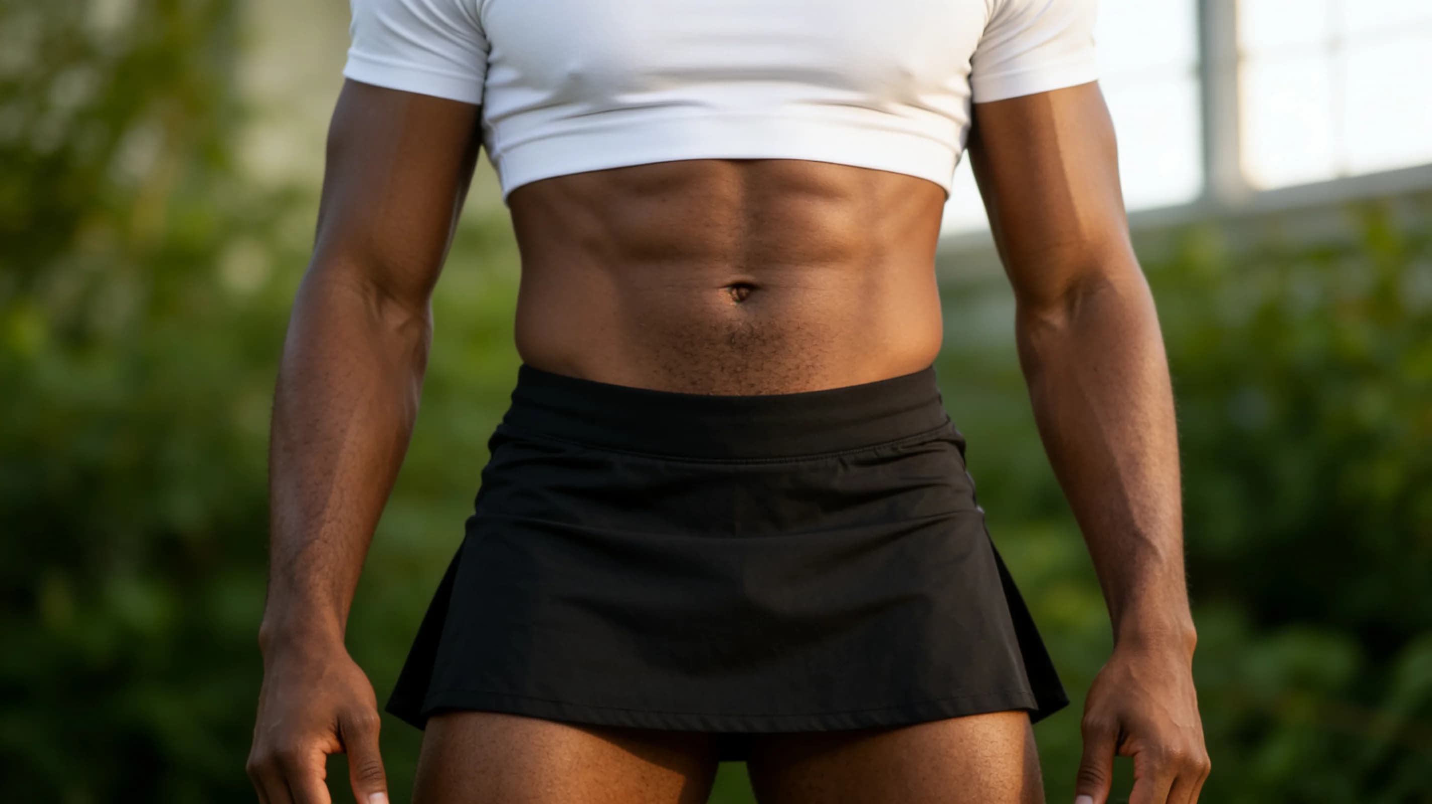 A 28-year-old fit black man with short black hair, brown eyes, a well-groomed beard and warm smile, wearing a short black tennis skirt that sits high on his toned thighs and a tight white crop top shirt exposing his sculpted abs, captured in a direct eye-level close-up portrait shot facing the viewer with confident upright posture and shoulders squared, hands lightly resting at his sides, delivering warm direct eye contact with a genuine friendly smile and relaxed expression, soft natural window lighting casting gentle highlights across his skin and fabric textures, realistic style with visible muscle definition and natural body physics. Flawless anatomy, no extra digits, no extra limbs, realistic skin texture, high-detail.