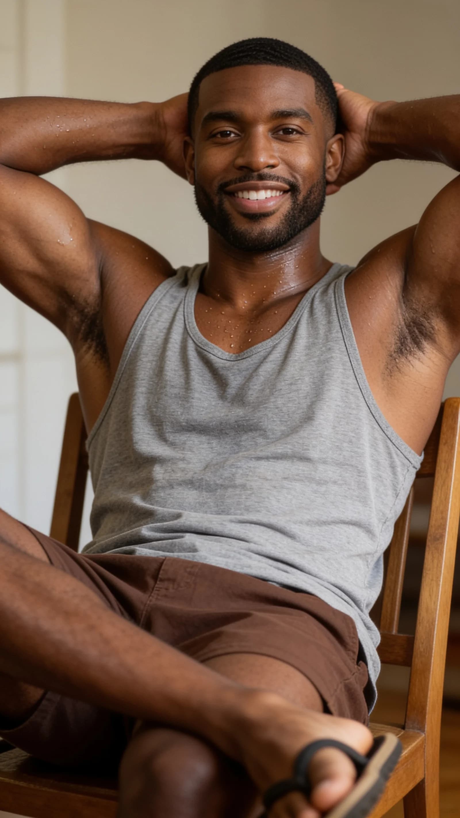 A 28-year-old black man with a fit muscular build, short black hair, brown eyes, and a beard, wearing a grey tank top, brown shorts, and flip flops, sitting relaxed on a wooden chair indoors with arms raised and hands clasped behind his head, sweaty skin glistening with visible sheen and droplets on his neck, chest, and arms, muscle tension visible in his shoulders and biceps, direct eye contact with the viewer paired with a warm smile and relaxed confident expression, eye-level medium close-up from front angle, soft natural indoor lighting highlighting skin texture and fabric details, realistic style, Flawless anatomy, no extra digits, no extra limbs, realistic skin texture, high-detail.