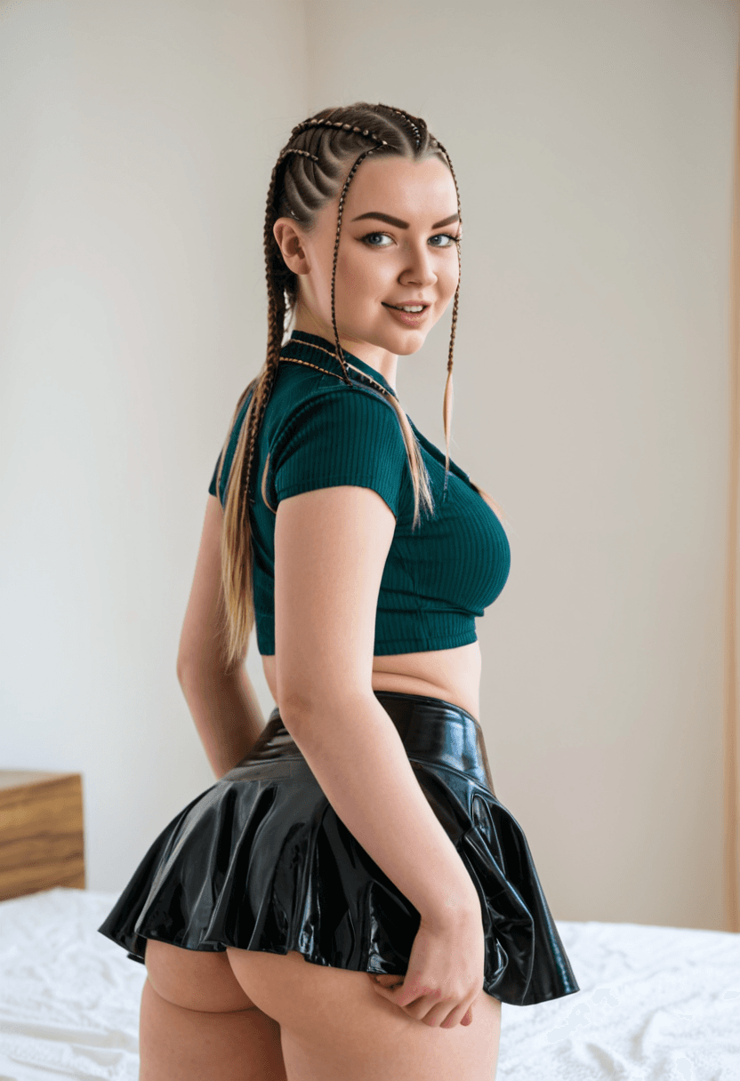 woman, 24, caucasian, chubby, body_type: curvy, gigantic breast_size, large butt_size, body hair: pubic hair, style: realistic, wearing a short black tennis skirt, wearing a crop top shirt, wearing a sleek latex skirt, portrait, looking at the viewer with a smile, facial expression: smiling