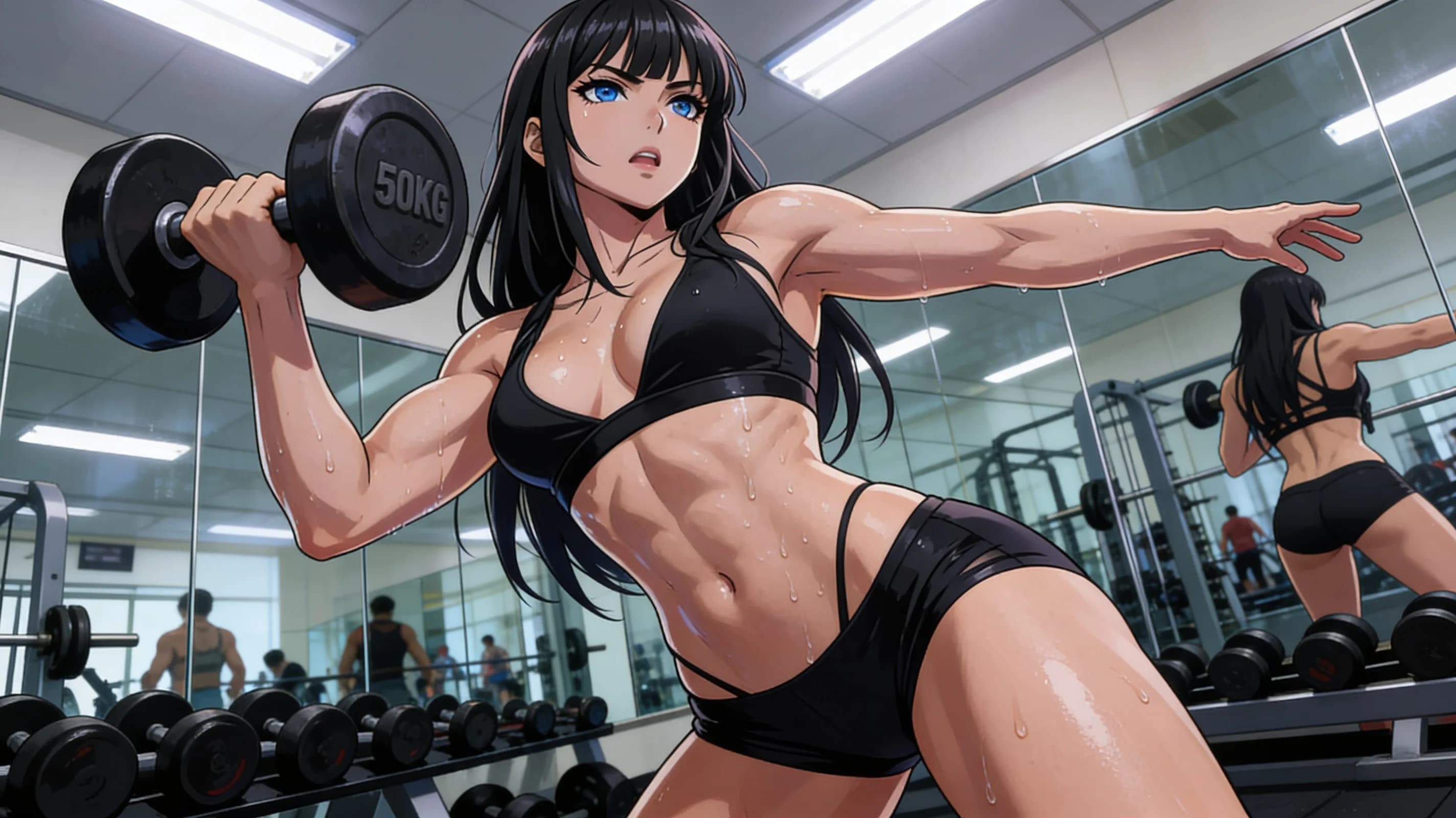 24-year-old Asian woman with muscular body type, black hair with bangs, striking blue eyes, anime style, high-quality illustration, in a bustling gym setting with mirrored walls reflecting weight equipment and distant lifters, captured from strict first-person POV as if viewer stands directly in front of her with her seductive intense upward eye contact locking onto the viewer's gaze reflecting off the large gym mirror behind her, lips parted in sultry invitation exhaling heavily with glossy shine, dynamically posing mid-curl with a massive 50kg dumbbell gripped tightly in her right hand veins popping across powerful biceps and forearm muscle definition, left arm held out to the side for balance with tensed triceps and shoulder striations, oiled skin glistening with heavy sheen and sweat drops trailing down her deeply carved toned abs, cleavage, and thighs, wearing a revealing two-piece gym outfit consisting of skimpy black sports bra clinging tightly to her firm perky DD breasts with natural bounce underboob exposure and erect nipples pressing visibly against the thin fabric, matching yoga-style shorts riding low on hips exposing hip flexors chiseled obliques and glute definition with fabric taut over cameltoe outline, body physics showing tensed core with rippling abs, heaving chest rising and falling, flushed cheeks with prominent blush marks across nose and ears, strands of black bangs matted to forehead from sweat, vibrant atmospheric lighting from overhead gym fluorescents casting dynamic white highlights rim light and sharp shadows on her sweat-glossed curves emphasizing every ripple of muscle skin texture and fabric folds in ultra-detailed 4k clarity, seductive aroused mood with body tension and heavy breathing, flawless anatomy, no extra digits, no extra limbs, detailed anime shading, high-quality illustration.