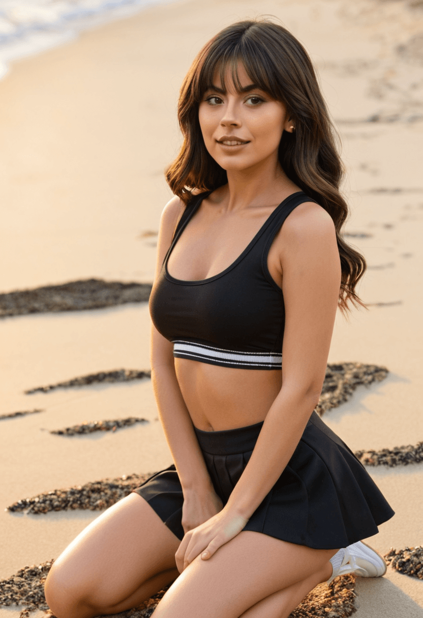 Wearing short black tennis skirt and a crop top shirt, portrait picture, looking at the viewer with a smile, wearing a stylish bikini on the beach, kneeling pose, elegant position, on a sunny beach with ocean waves