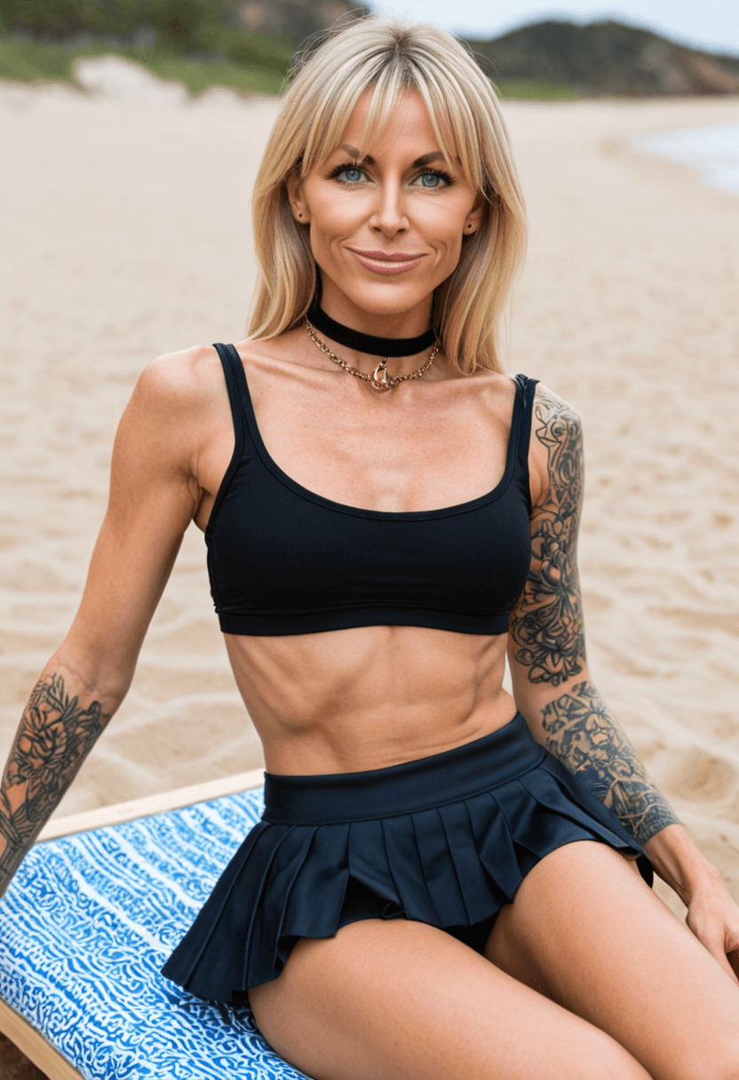 Wearing short black tennis skirt and a crop top shirt, portrait picture, looking at the viewer with a smile, wearing a fashionable mini skirt, kneeling pose, elegant position, tanning on a beach lounger, with artistic tattoos, wearing a fashionable choker, in a cozy bedroom setting