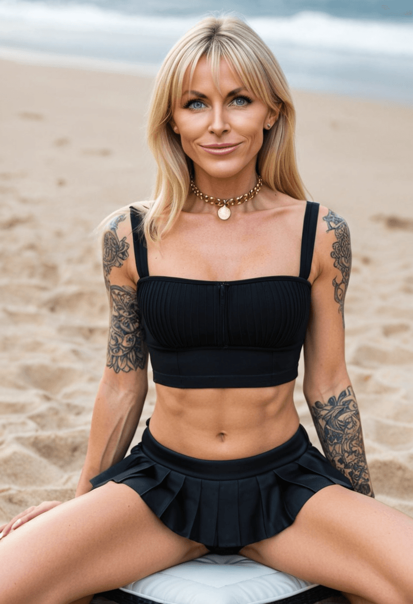 Wearing short black tennis skirt and a crop top shirt, portrait picture, looking at the viewer with a smile, wearing a fashionable mini skirt, kneeling pose, elegant position, tanning on a beach lounger, with artistic tattoos, wearing a fashionable choker, in a cozy bedroom setting