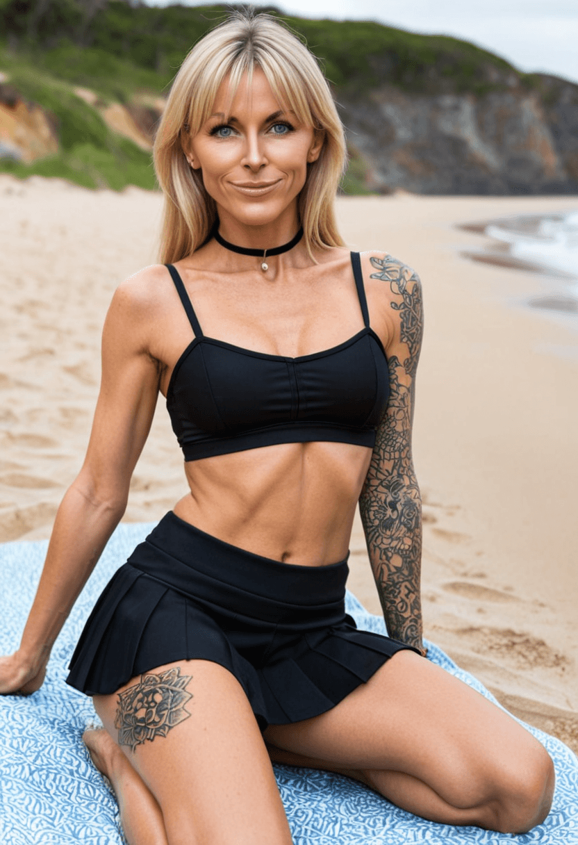 Wearing short black tennis skirt and a crop top shirt, portrait picture, looking at the viewer with a smile, wearing a fashionable mini skirt, kneeling pose, elegant position, tanning on a beach lounger, with artistic tattoos, wearing a fashionable choker, in a cozy bedroom setting, wearing a stylish bikini on the beach