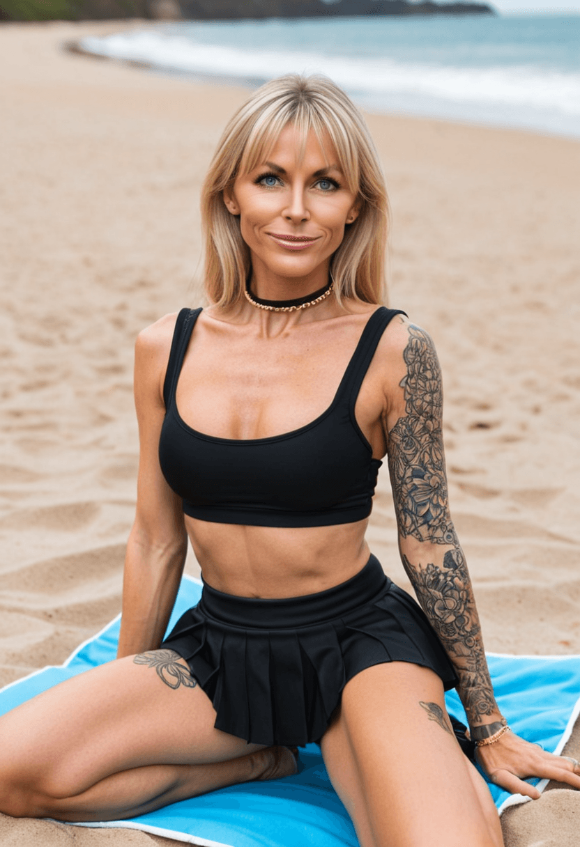 Wearing short black tennis skirt and a crop top shirt, portrait picture, looking at the viewer with a smile, wearing a fashionable mini skirt, kneeling pose, elegant position, tanning on a beach lounger, with artistic tattoos, wearing a fashionable choker, in a cozy bedroom setting, wearing a stylish bikini on the beach