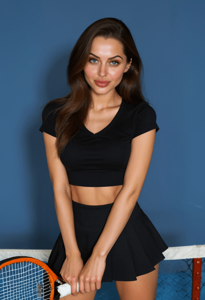 Wearing short black tennis skirt and a crop top shirt, portrait picture, looking at the viewer with a smile