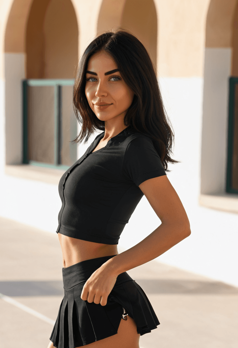 24-year-old arabic woman, fit body, flat breasts, medium butt, belly piercings, wearing short black tennis skirt and crop top shirt, full-body portrait, standing pose, looking at the viewer with a smile, realistic style, detailed skin texture, high resolution, cyberrealistic sdxl, natural lighting, sharp focus
