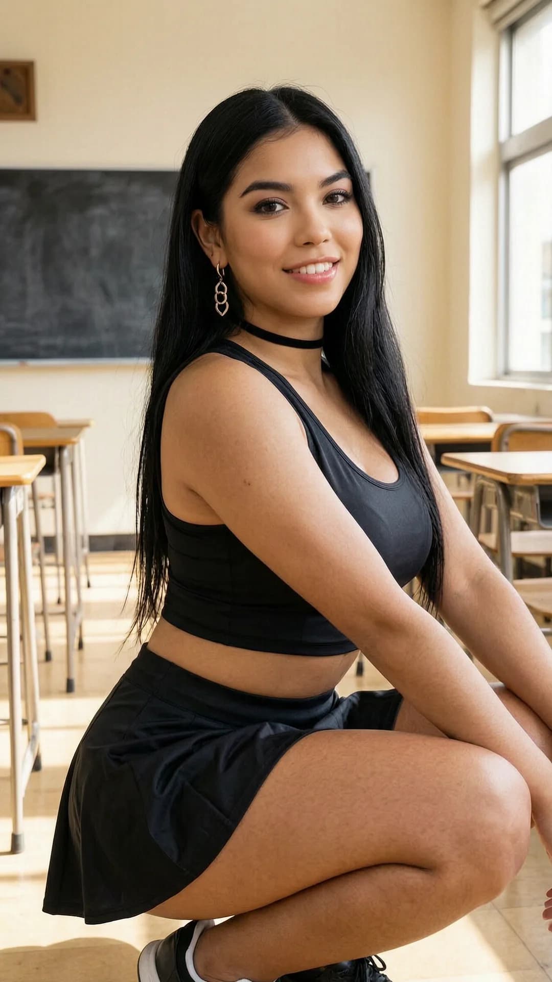 A 23-year-old Latina woman with a fit athletic body, long black hair, and brown eyes, squatting in an athletic pose inside a sunlit classroom with desks and chalkboard in the background, wearing a short black tennis skirt and a tight crop top that accentuates her large breasts, paired with a fashionable choker and beautiful dangling earrings, captured in a front-facing medium close-up portrait from eye level with direct intense eye contact and a warm inviting smile, bright natural window lighting highlighting skin sheen and fabric texture, energetic confident mood, body positioned low with knees bent and thighs engaged, Flawless anatomy, no extra digits, no extra limbs, realistic skin texture, high-detail.