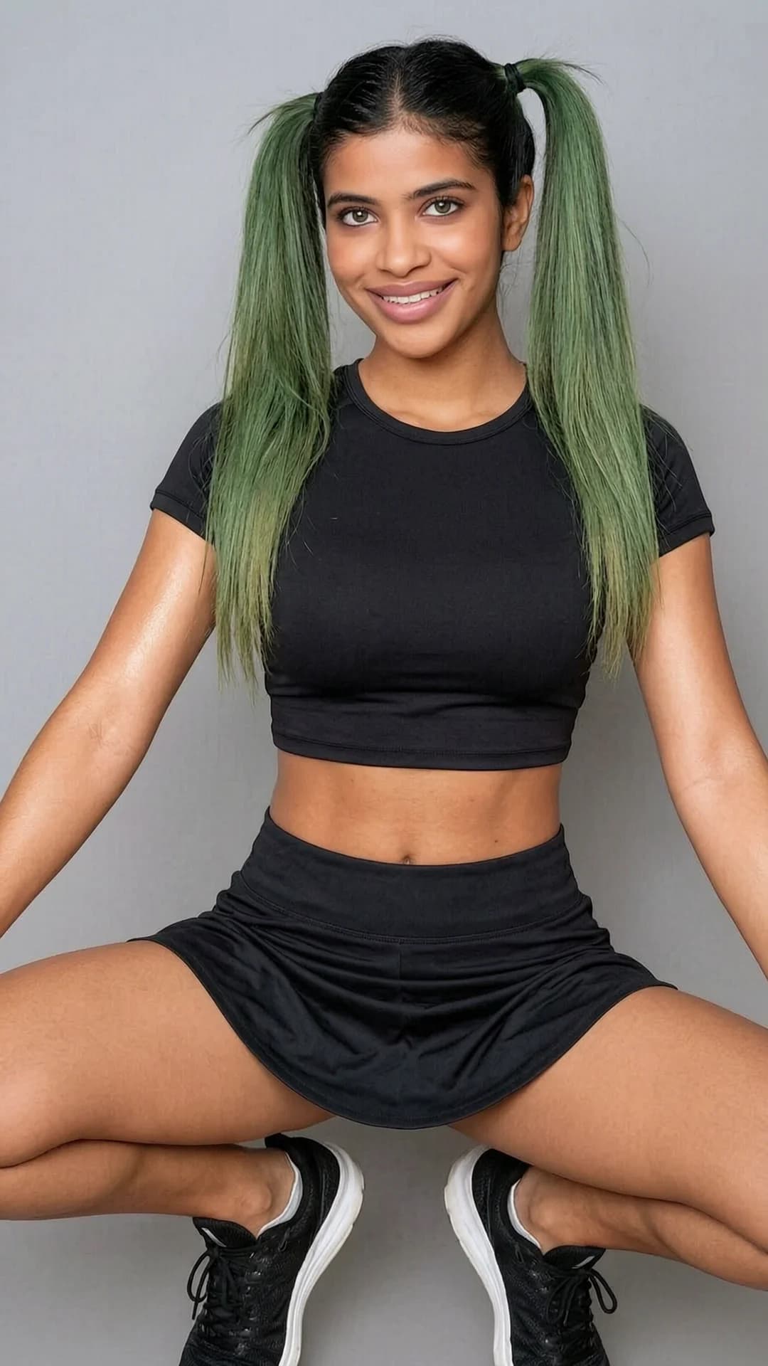 A realistic portrait of a 21-year-old Indian woman with a fit athletic body, green hair in pigtails, and green eyes, wearing a short black tennis skirt and a crop top shirt, captured in a squatting athletic pose with knees bent and thighs engaged, medium close-up front angle portrait picture, looking directly at the viewer with a warm smile and intense eye contact, cheerful confident mood, body positioned dynamically with natural muscle tension and skin sheen, flawless anatomy, no extra digits, no extra limbs, realistic skin texture, high-detail.
