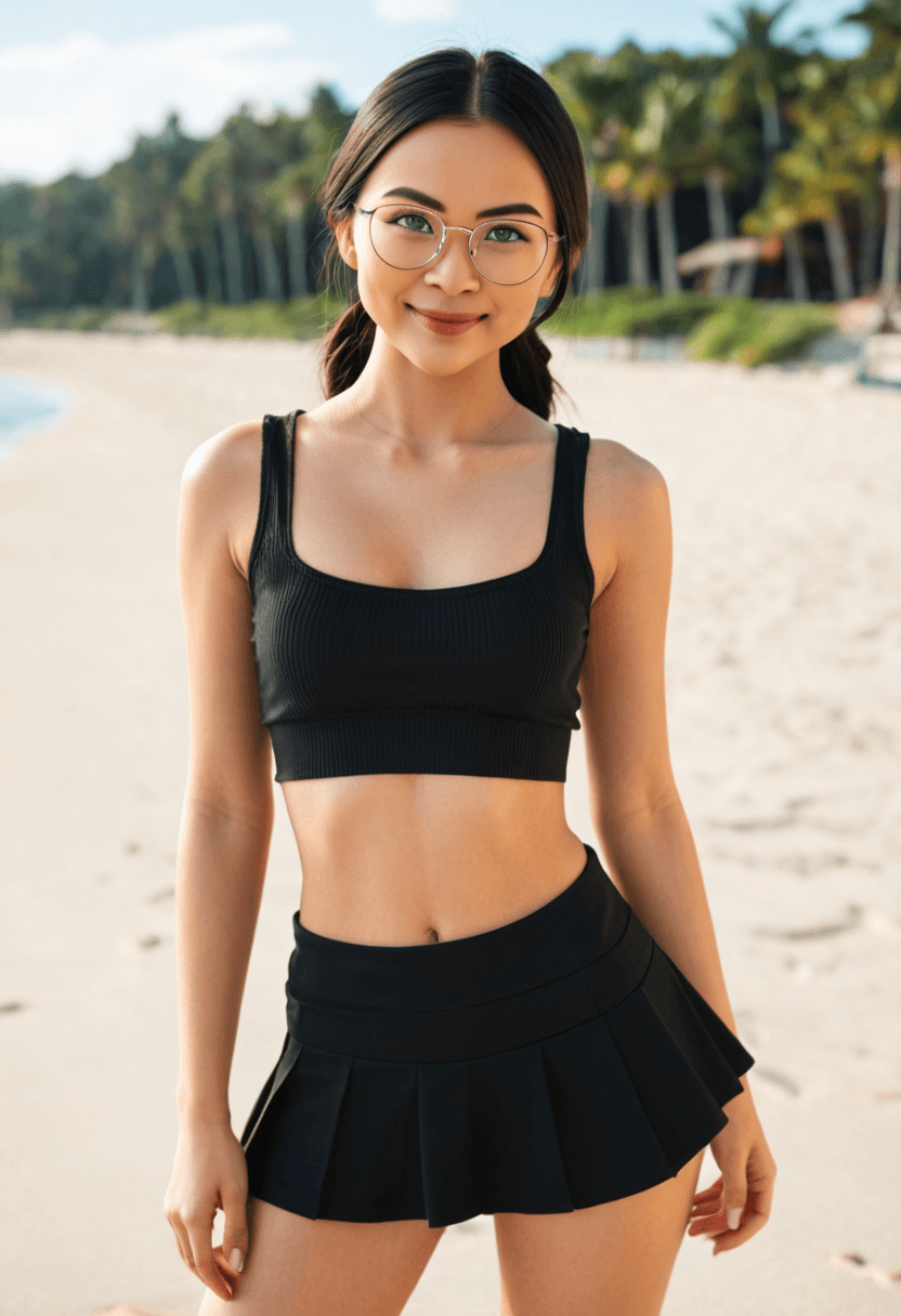Wearing short black tennis skirt and a crop top shirt, portrait picture, looking at the viewer with a smile, wearing a stylish bikini on the beach, standing confidently, full body shot