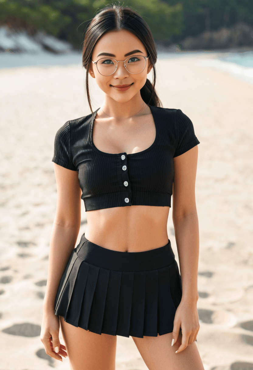 Wearing short black tennis skirt and a crop top shirt, portrait picture, looking at the viewer with a smile, wearing a stylish bikini on the beach, standing confidently, full body shot