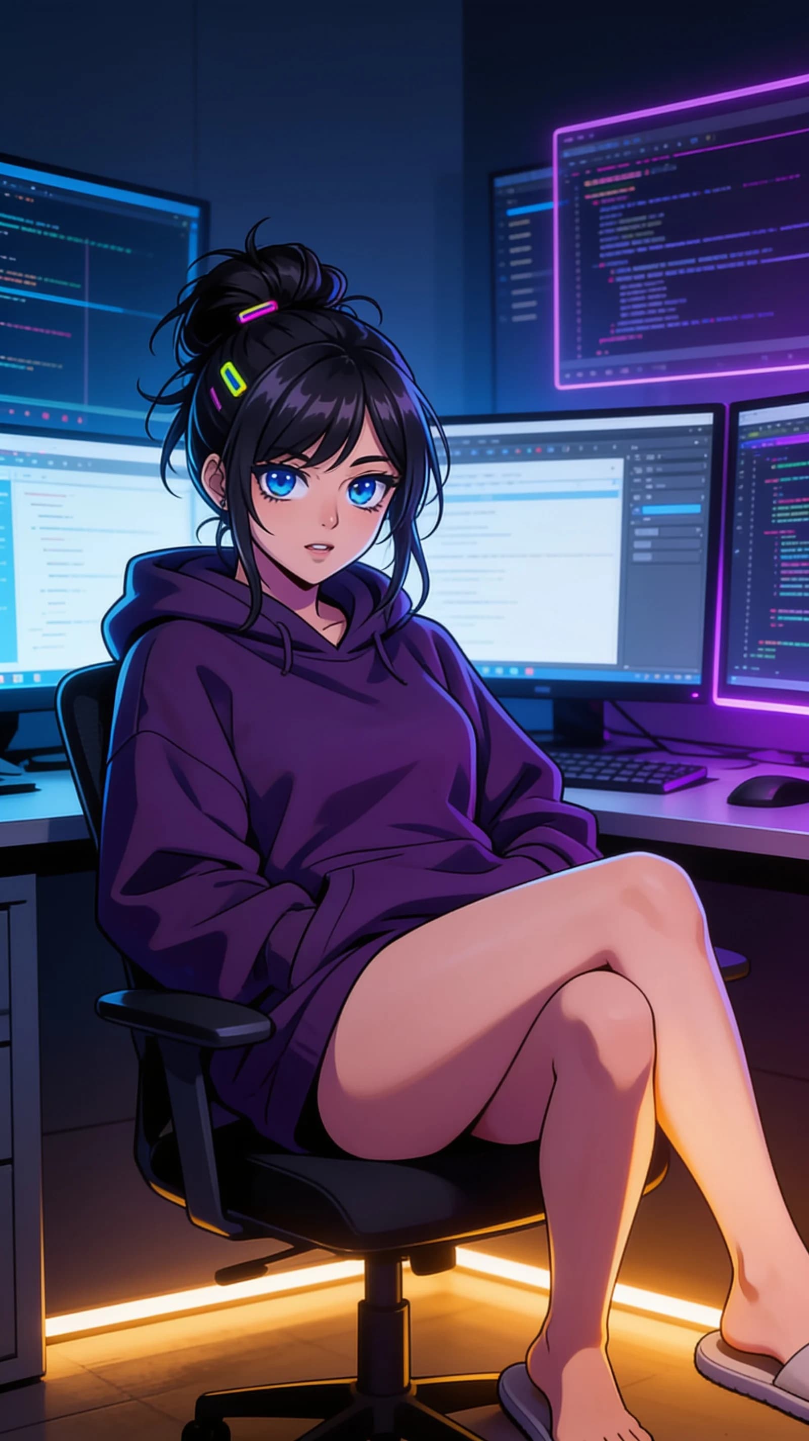 anime style, 2D cel-shaded anime illustration, anime key visual, flat cel shading, clean bold line art, vibrant saturated colors, large detailed expressive anime eyes with crisp catchlights, flat 2D rendering, not photorealistic, not 3D render, 24-year-old Asian woman with fit body, black hair in a messy bun with neon hairpins, blue eyes, hyperfocused gamer female debugger sitting casually in a relaxed pose at a modern office desk with multiple monitors displaying code and debugger windows in a dimly lit room filled with soft blue and purple neon accents, wearing an oversized dark purple hoodie with no bottoms so bare legs and slippers are fully visible, legs slightly parted while leaning back relaxed, vertical 9:16 portrait composition with character centered and filling the frame from head to mid-thigh, medium close-up three-quarter front angle, intense direct eye contact with charming focused determination and lips parted, soft monitor glow mixed with warm rim lighting highlighting her fit legs and hoodie folds, nsfw, detailed anime cel shading, crisp clean linework, correct anatomy, hands cleanly drawn with five fingers, studio-quality anime key visual; avoid: photorealistic, 3D render, extra fingers, deformed hands, blurry, low detail.