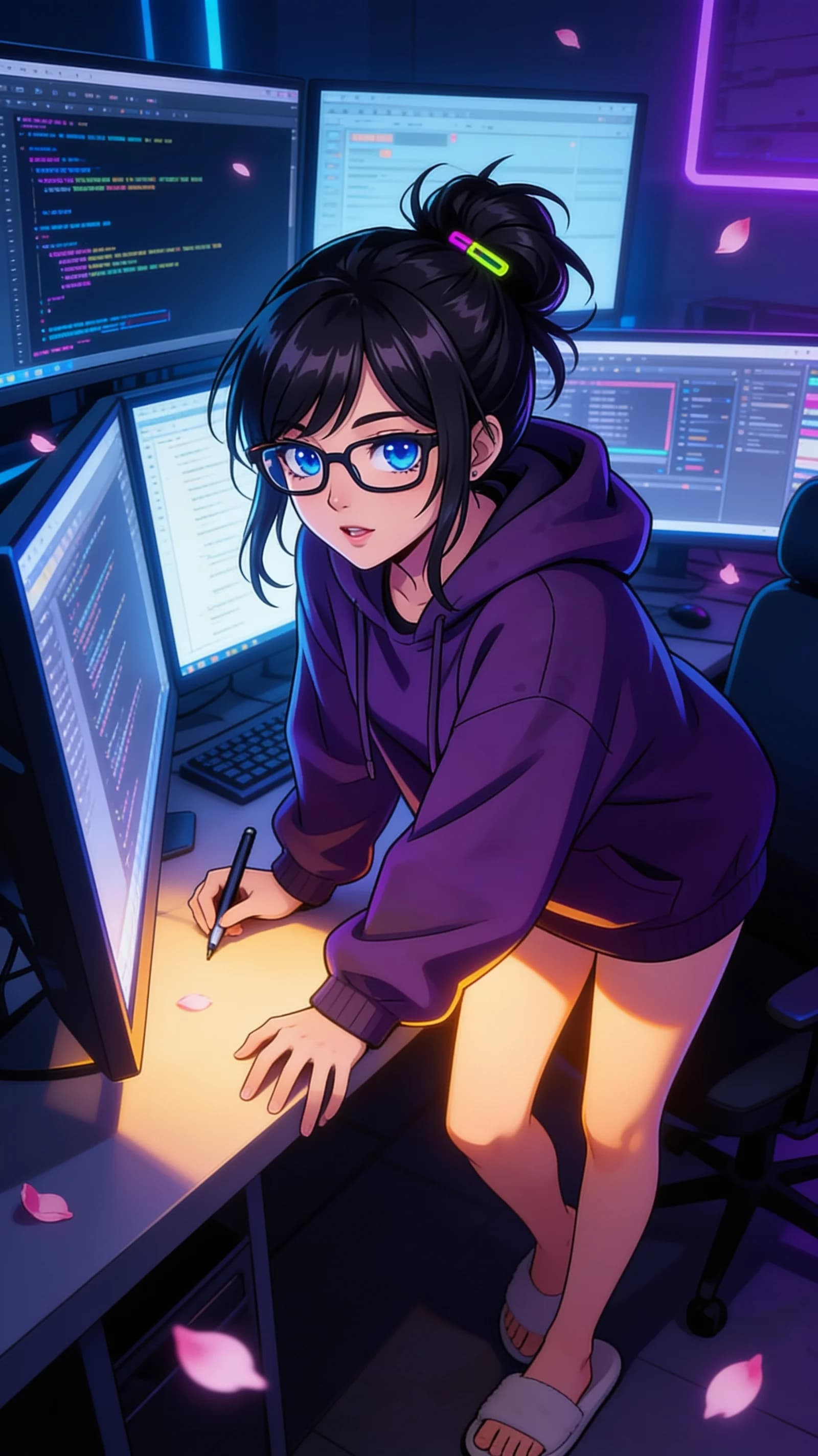 anime style, 2D cel-shaded anime illustration, anime key visual, flat cel shading, clean bold line art, vibrant saturated colors, large detailed expressive anime eyes with crisp catchlights, flat 2D rendering, not photorealistic, not 3D render, 24-year-old Asian woman with fit body, black hair in a messy bun with neon hairpins, blue eyes, hyperfocused gamer female debugger sitting casually in a relaxed pose at a modern office desk with multiple monitors displaying code and debugger windows in a dimly lit room filled with soft blue and purple neon accents, wearing an oversized dark purple hoodie with no bottoms so bare legs and slippers are fully visible, legs slightly parted while leaning back relaxed, vertical 9:16 portrait composition with character centered and filling the frame from head to mid-thigh, medium close-up three-quarter front angle, intense direct eye contact with charming focused determination and lips parted, soft monitor glow mixed with warm rim lighting highlighting her fit legs and hoodie folds, nsfw, detailed anime cel shading, crisp clean linework, correct anatomy, hands cleanly drawn with five fingers, studio-quality anime key visual; avoid: photorealistic, 3D render, extra fingers, deformed hands, blurry, low detail.