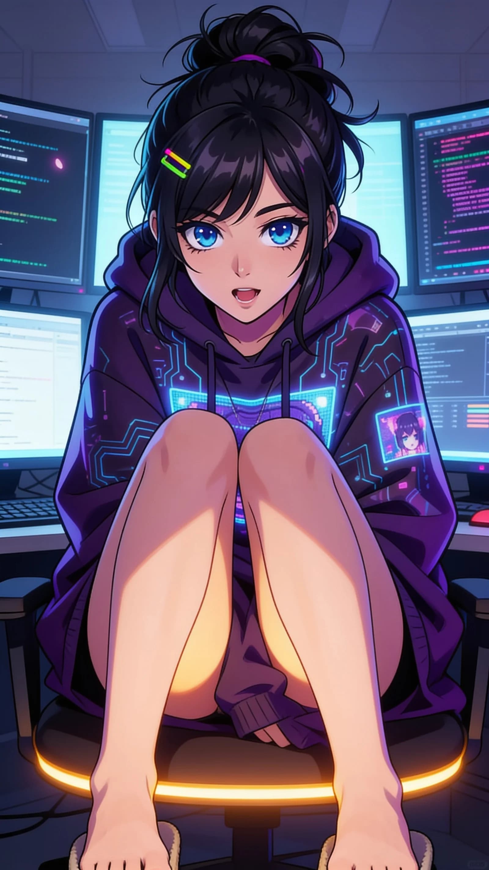 anime style, 2D cel-shaded anime illustration, anime key visual, flat cel shading, clean bold line art, vibrant saturated colors, large detailed expressive anime eyes with crisp catchlights, flat 2D rendering, not photorealistic, not 3D render, 24-year-old Asian woman with fit body, black hair in a messy bun with neon hairpins, blue eyes, hyperfocused gamer female debugger wearing an oversized dark purple hoodie with no bottoms so bare legs and slippers are fully visible, sitting casually in a relaxed pose in a modern office setting with legs slightly parted while leaning forward intently, vertical 9:16 portrait composition with character centered and filling the frame from head to mid-thigh, medium close-up three-quarter front angle, intense direct eye contact with charming focused determination and lips parted, soft monitor glow mixed with warm rim lighting highlighting her fit legs and hoodie folds, nsfw, detailed anime cel shading, crisp clean linework, correct anatomy, hands cleanly drawn with five fingers, studio-quality anime key visual; avoid: photorealistic, 3D render, extra fingers, deformed hands, blurry, low detail.