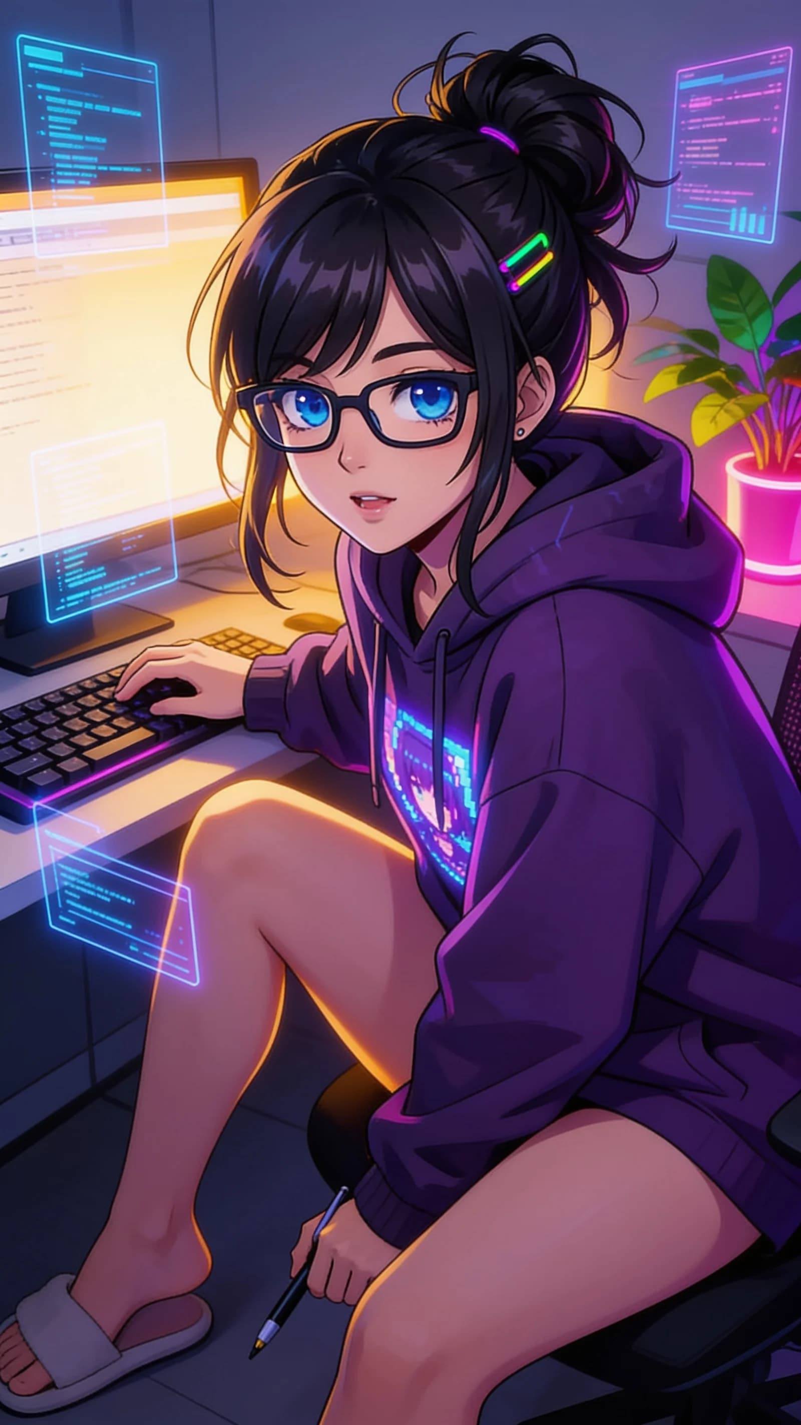 anime style, 2D cel-shaded anime illustration, anime key visual, flat cel shading, clean bold line art, vibrant saturated colors, large detailed expressive anime eyes with crisp catchlights, flat 2D rendering, not photorealistic, not 3D render, 24-year-old Asian woman with fit body, black hair in a messy bun with neon hairpins, blue eyes, hyperfocused gamer female debugger wearing an oversized dark purple hoodie with no bottoms so bare legs and slippers are fully visible, sitting casually in a relaxed pose in a modern office setting with legs slightly parted while leaning forward intently, vertical 9:16 portrait composition with character centered and filling the frame from head to mid-thigh, medium close-up three-quarter front angle, intense direct eye contact with charming focused determination and lips parted, soft monitor glow mixed with warm rim lighting highlighting her fit legs and hoodie folds, nsfw, detailed anime cel shading, crisp clean linework, correct anatomy, hands cleanly drawn with five fingers, studio-quality anime key visual; avoid: photorealistic, 3D render, extra fingers, deformed hands, blurry, low detail.