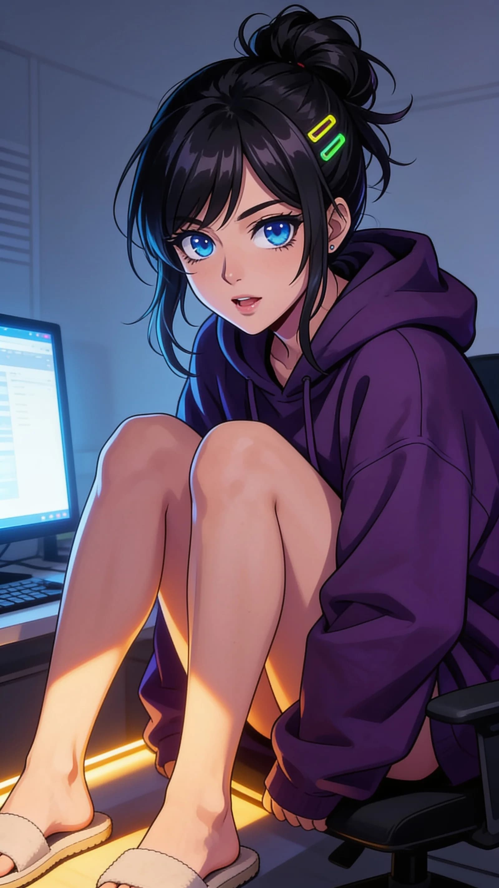 anime style, 2D cel-shaded anime illustration, anime key visual, flat cel shading, clean bold line art, vibrant saturated colors, large detailed expressive anime eyes with crisp catchlights, flat 2D rendering, not photorealistic, not 3D render, 24-year-old Asian woman with fit body, black hair in a messy bun with neon hairpins, blue eyes, hyperfocused gamer female debugger wearing an oversized dark purple hoodie with no bottoms so bare legs and slippers are fully visible, legs slightly parted while leaning forward intently, sitting casually relaxed pose in a modern office setting, vertical 9:16 portrait composition with character centered and filling the frame from head to mid-thigh, medium close-up three-quarter front angle, intense direct eye contact with charming focused determination and lips parted, soft monitor glow mixed with warm rim lighting highlighting her fit legs and hoodie folds, nsfw, detailed anime cel shading, crisp clean linework, correct anatomy, hands cleanly drawn with five fingers, studio-quality anime key visual; avoid: photorealistic, 3D render, extra fingers, deformed hands, blurry, low detail.