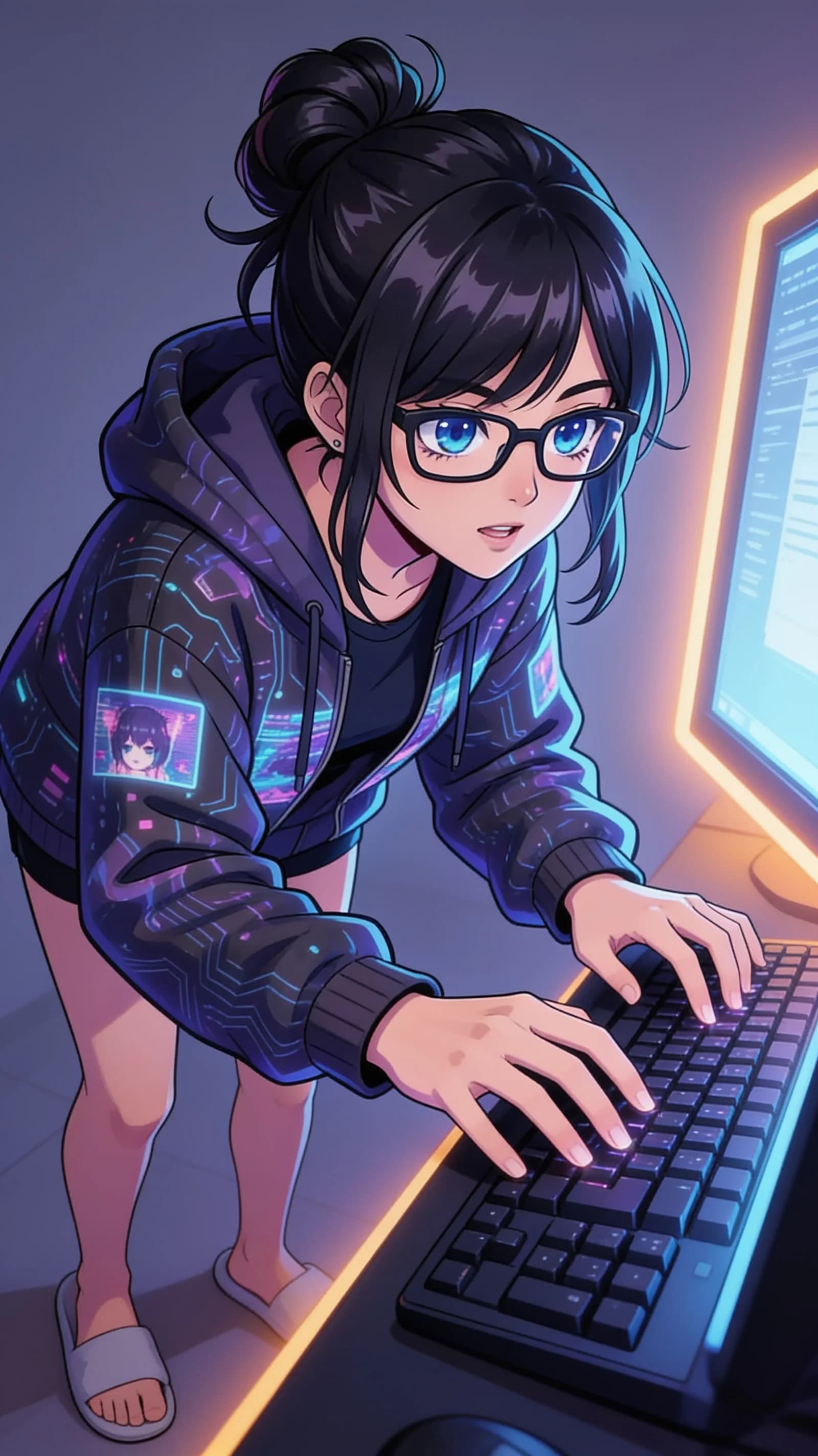 anime style, 2D cel-shaded anime illustration, anime key visual, flat cel shading, clean bold line art, vibrant saturated colors, large detailed expressive anime eyes with crisp catchlights, flat 2D rendering, not photorealistic, not 3D render, 24-year-old Asian woman with fit body, black hair in a messy bun with neon hairpins, blue eyes, hyperfocused gamer female debugger wearing an oversized dark purple hoodie with no bottoms so bare legs and slippers are fully visible, legs slightly parted while leaning forward intently, sitting casually relaxed pose in a modern office setting, vertical 9:16 portrait composition with character centered and filling the frame from head to mid-thigh, medium close-up three-quarter front angle, intense direct eye contact with charming focused determination and lips parted, soft monitor glow mixed with warm rim lighting highlighting her fit legs and hoodie folds, nsfw, detailed anime cel shading, crisp clean linework, correct anatomy, hands cleanly drawn with five fingers, studio-quality anime key visual; avoid: photorealistic, 3D render, extra fingers, deformed hands, blurry, low detail.
