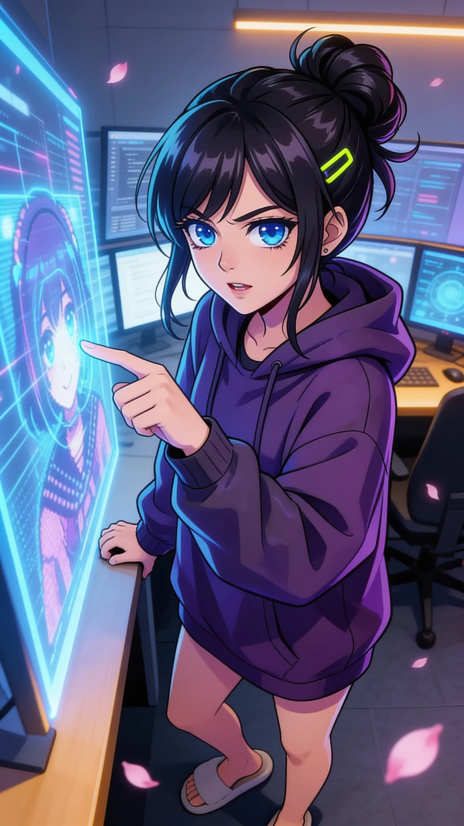anime style, 2D cel-shaded anime illustration, anime key visual, flat cel shading, clean bold line art, vibrant saturated colors, large detailed expressive anime eyes with crisp catchlights, flat 2D rendering, not photorealistic, not 3D render, 24-year-old Asian woman with fit body, black hair in a messy bun with neon hairpins, blue eyes, hyperfocused gamer female debugger wearing an oversized dark purple hoodie with no bottoms so bare legs and slippers are fully visible, legs slightly parted while leaning forward intently, sitting casually relaxed pose in a modern office setting, vertical 9:16 portrait composition with character centered and filling the frame from head to mid-thigh, medium close-up three-quarter front angle, intense direct eye contact with charming focused determination and lips parted, soft monitor glow mixed with warm rim lighting highlighting her fit legs and hoodie folds, nsfw, detailed anime cel shading, crisp clean linework, correct anatomy, hands cleanly drawn with five fingers, studio-quality anime key visual; avoid: photorealistic, 3D render, extra fingers, deformed hands, blurry, low detail.