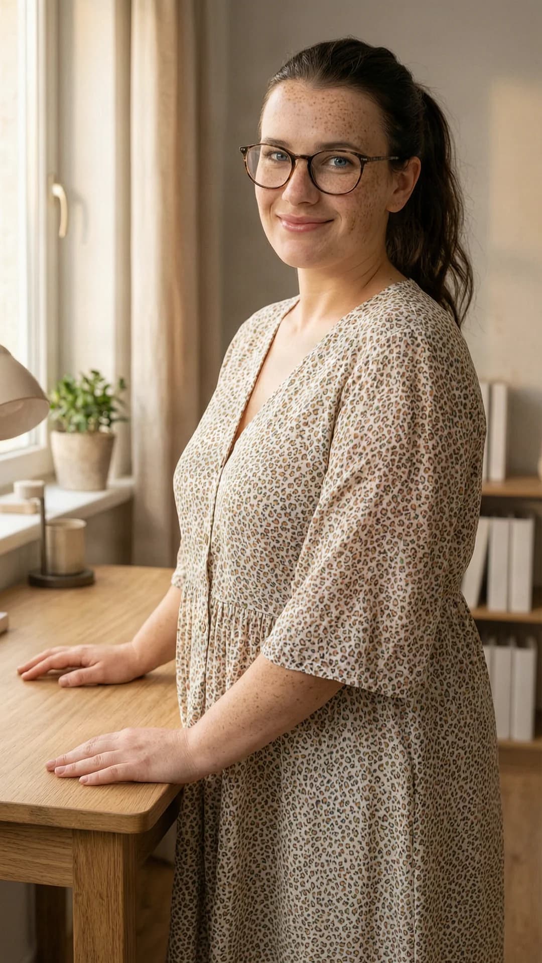 A 29-year-old Caucasian chubby woman with brunette hair in a ponytail, blue eyes, freckles across her cheeks, and wearing glasses, standing beside her wooden desk in a softly lit home office with warm natural sunlight filtering through a window, dressed in a light flowy summer dress that drapes gently over her curves, body positioned with one hand resting on the desk edge and hips slightly angled toward the viewer, medium close-up from a three-quarter front angle, making direct warm eye contact with a welcoming smile and gentle parted lips conveying friendly invitation, relaxed posture with natural breast positioning under the fabric and soft skin texture, realistic style, Flawless anatomy, no extra digits, no extra limbs, realistic skin texture, high-detail.