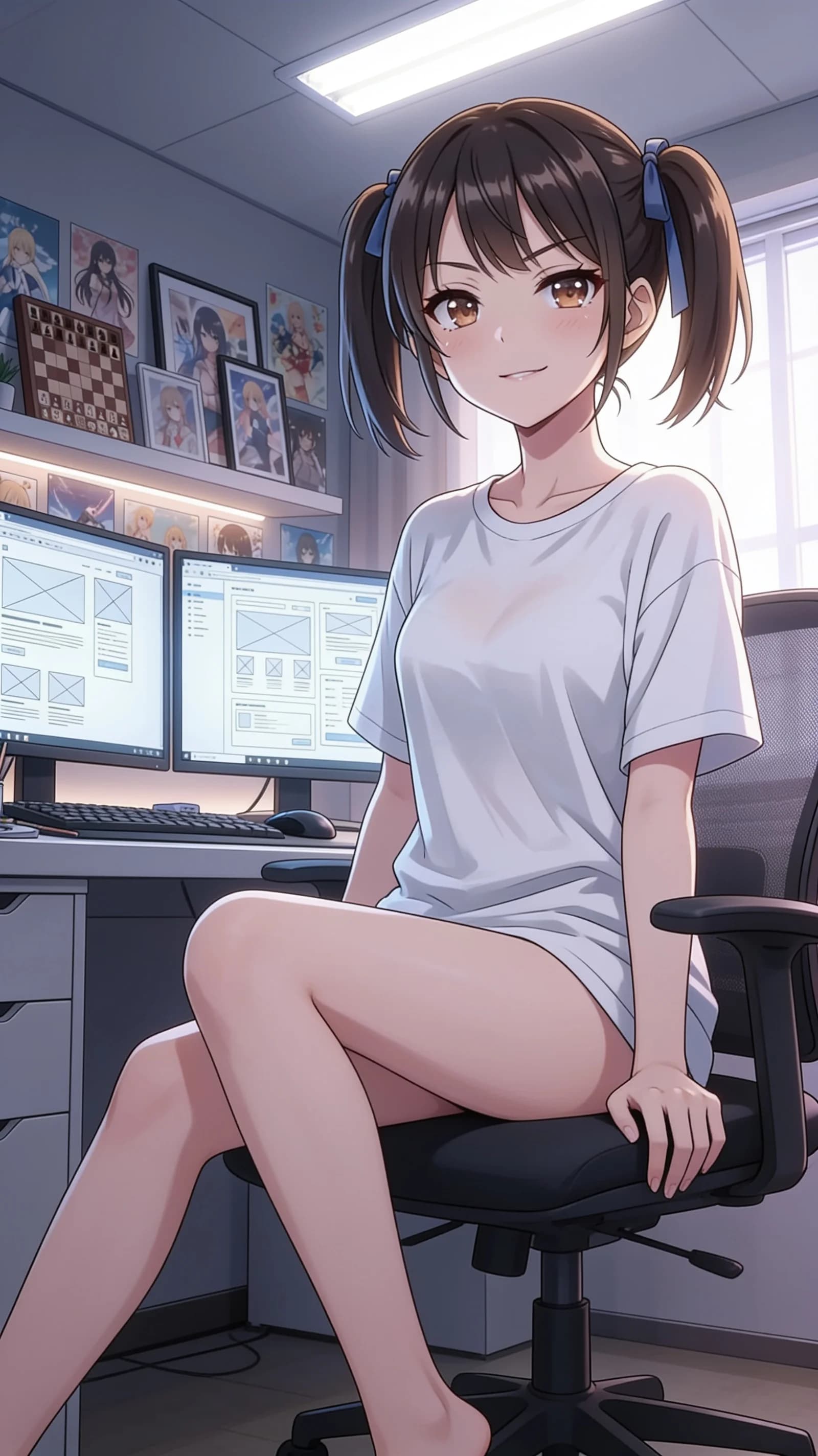 anime style, 2D cel-shaded anime illustration, anime key visual, flat cel shading, clean bold line art, vibrant saturated colors, large detailed expressive anime eyes with crisp catchlights, flat 2D rendering, not photorealistic, not 3D render, 21-year-old Asian woman with skinny build, short stature, brunette pigtails, brown round tareme eyes, flat chest, wearing only a casual t-shirt with no bottoms exposing bare legs, sitting casually relaxed in a modern office chair with legs slightly parted, direct relaxed eye contact with the viewer and soft neutral expression, medium close-up vertical 9:16 portrait composition from front angle showing head to mid-thigh, bright modern office lighting with soft overhead fluorescent glow and gentle window highlights, nsfw, detailed anime cel shading, crisp clean linework, correct anatomy, hands cleanly drawn with five fingers, studio-quality anime key visual; avoid: photorealistic, 3D render, extra fingers, deformed hands, blurry, low detail.