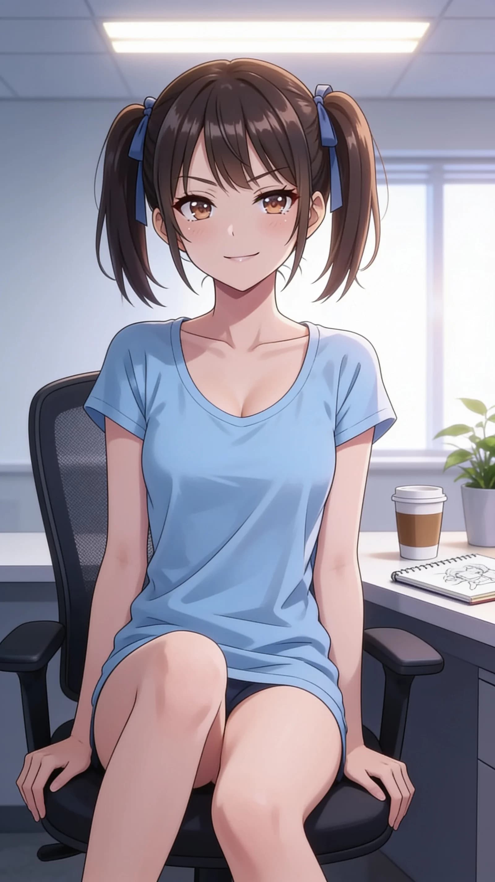 anime style, 2D cel-shaded anime illustration, anime key visual, flat cel shading, clean bold line art, vibrant saturated colors, large detailed expressive anime eyes with crisp catchlights, flat 2D rendering, not photorealistic, not 3D render, 21-year-old Asian woman with skinny build, short stature, brunette pigtails, brown round tareme eyes, flat chest, wearing only a casual t-shirt with no bottoms exposing bare legs, sitting casually relaxed in a modern office chair with legs slightly parted, direct relaxed eye contact with the viewer and soft neutral expression, medium close-up vertical 9:16 portrait composition from front angle showing head to mid-thigh, bright modern office lighting with soft overhead fluorescent glow and gentle window highlights, nsfw, detailed anime cel shading, crisp clean linework, correct anatomy, hands cleanly drawn with five fingers, studio-quality anime key visual; avoid: photorealistic, 3D render, extra fingers, deformed hands, blurry, low detail.