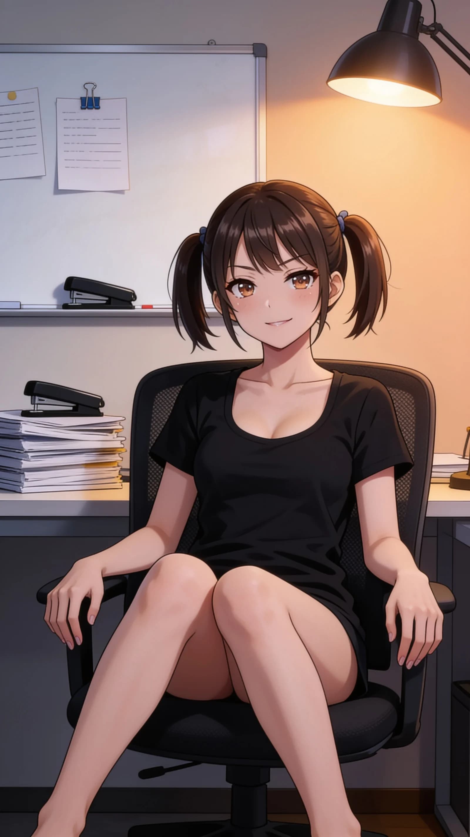 anime style, 2D cel-shaded anime illustration, anime key visual, flat cel shading, clean bold line art, vibrant saturated colors, large detailed expressive anime eyes with crisp catchlights, flat 2D rendering, not photorealistic, not 3D render, 21-year-old Asian woman with skinny build, short stature, brunette pigtails, brown round tareme eyes, flat chest, wearing only a casual t-shirt with no bottoms exposing bare legs, sitting casually relaxed in a modern office chair with legs slightly parted, direct relaxed eye contact with the viewer and soft neutral expression, medium close-up vertical 9:16 portrait composition from front angle showing head to mid-thigh, bright modern office lighting with soft overhead fluorescent glow and gentle window highlights, nsfw, detailed anime cel shading, crisp clean linework, correct anatomy, hands cleanly drawn with five fingers, studio-quality anime key visual; avoid: photorealistic, 3D render, extra fingers, deformed hands, blurry, low detail.