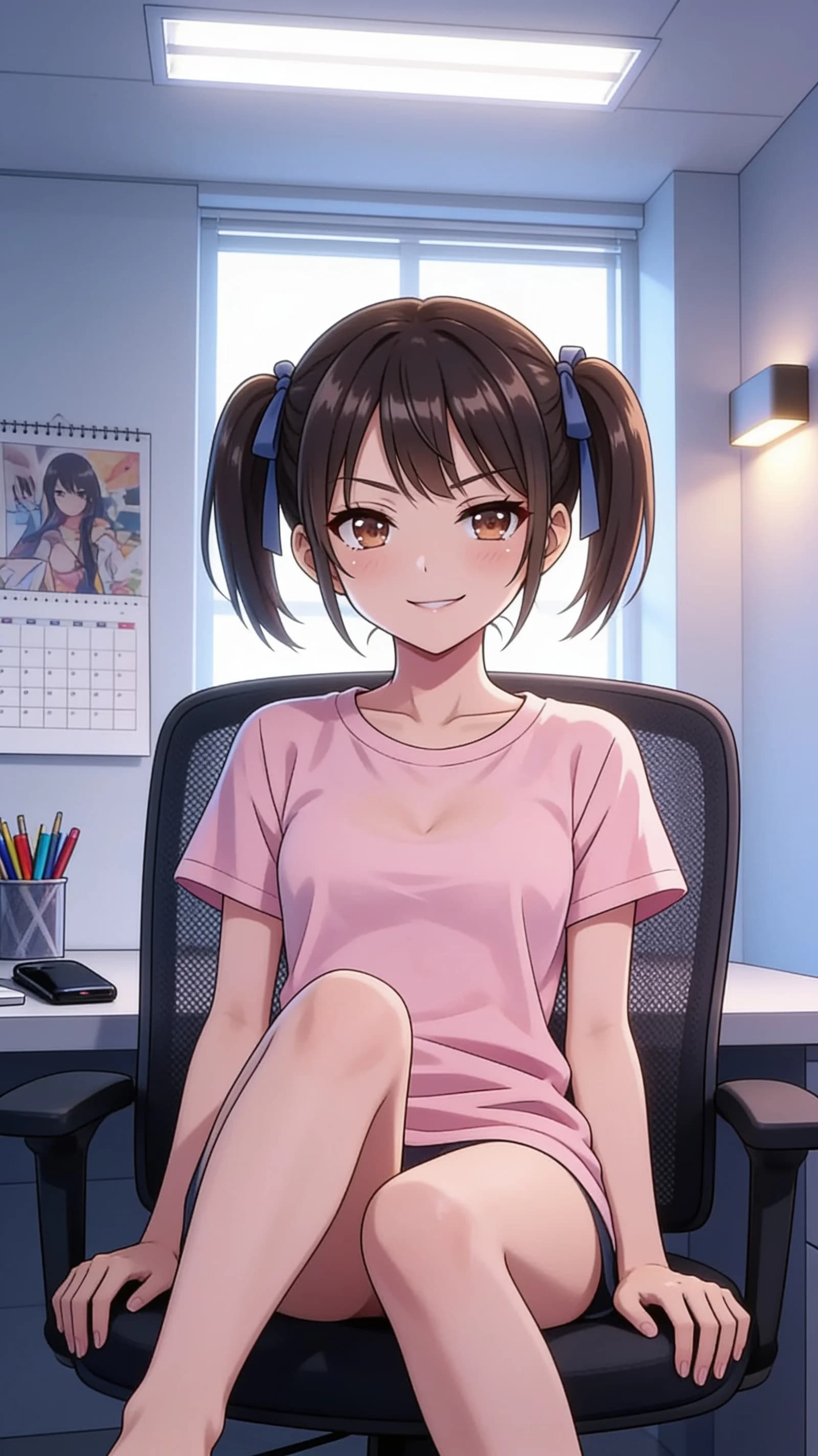 anime style, 2D cel-shaded anime illustration, anime key visual, flat cel shading, clean bold line art, vibrant saturated colors, large detailed expressive anime eyes with crisp catchlights, flat 2D rendering, not photorealistic, not 3D render, 21-year-old Asian woman with skinny build, short stature, brunette pigtails, brown round tareme eyes, flat chest, wearing only a casual t-shirt with no bottoms exposing bare legs, sitting casually relaxed in a modern office chair with legs slightly parted, direct relaxed eye contact with the viewer and soft neutral expression, medium close-up vertical 9:16 portrait composition from front angle showing head to mid-thigh, bright modern office lighting with soft overhead fluorescent glow and gentle window highlights, nsfw, detailed anime cel shading, crisp clean linework, correct anatomy, hands cleanly drawn with five fingers, studio-quality anime key visual; avoid: photorealistic, 3D render, extra fingers, deformed hands, blurry, low detail.