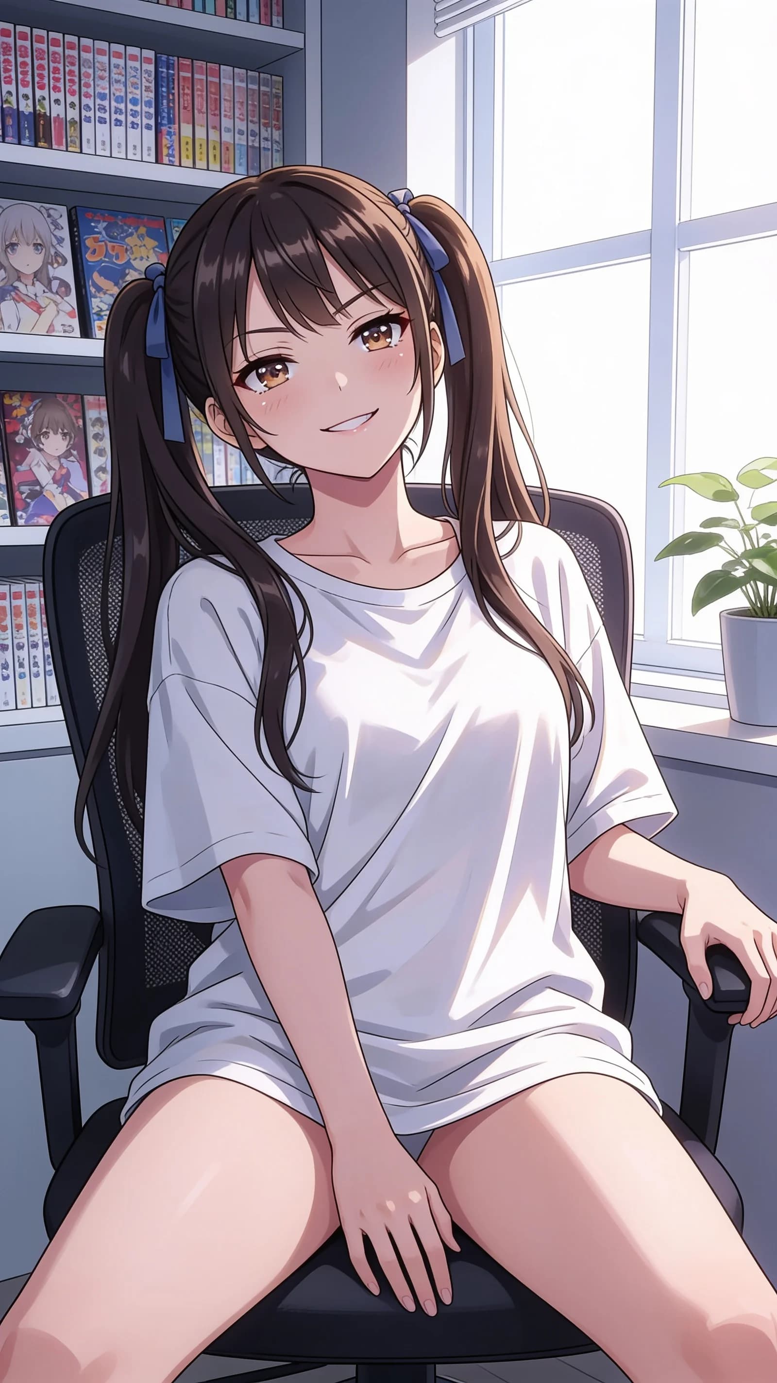 anime style, 2D cel-shaded anime illustration, anime key visual, flat cel shading, clean bold line art, vibrant saturated colors, large detailed expressive anime eyes with crisp catchlights, flat 2D rendering, not photorealistic, not 3D render, 21-year-old Asian woman with brunette long twin-tail pigtails, brown round tareme eyes, skinny short-stature flat-chested body, sitting casually relaxed in a modern office with legs spread slightly to show bare lower body and thighs, wearing only an oversized casual t-shirt with no bottoms, direct relaxed eye contact with soft inviting expression and parted lips, medium close-up head-to-mid-thigh vertical 9:16 portrait composition centered on the character, soft natural window light illuminating the office setting with gentle highlights on skin and fabric folds, nsfw, detailed anime cel shading, crisp clean linework, correct anatomy, hands cleanly drawn with five fingers, studio-quality anime key visual; avoid: photorealistic, 3D render, extra fingers, deformed hands, blurry, low detail.