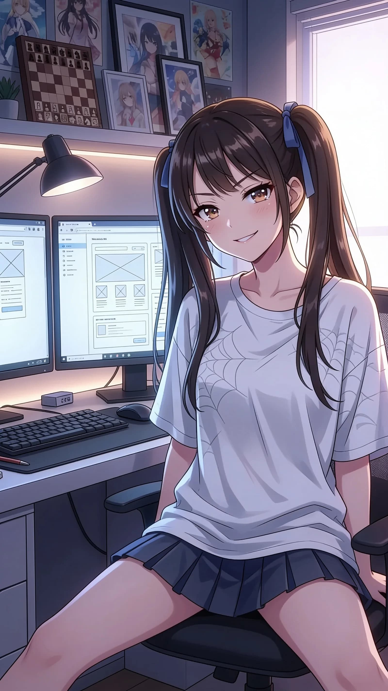 anime style, 2D cel-shaded anime illustration, anime key visual, flat cel shading, clean bold line art, vibrant saturated colors, large detailed expressive anime eyes with crisp catchlights, flat 2D rendering, not photorealistic, not 3D render, 21-year-old Asian woman with brunette long twin-tail pigtails, brown round tareme eyes, skinny short-stature flat-chested body, sitting casually relaxed in a modern office with legs spread slightly to show bare lower body and thighs, wearing only an oversized casual t-shirt with no bottoms, direct relaxed eye contact with soft inviting expression and parted lips, medium close-up head-to-mid-thigh vertical 9:16 portrait composition centered on the character, soft natural window light illuminating the office setting with gentle highlights on skin and fabric folds, nsfw, detailed anime cel shading, crisp clean linework, correct anatomy, hands cleanly drawn with five fingers, studio-quality anime key visual; avoid: photorealistic, 3D render, extra fingers, deformed hands, blurry, low detail.