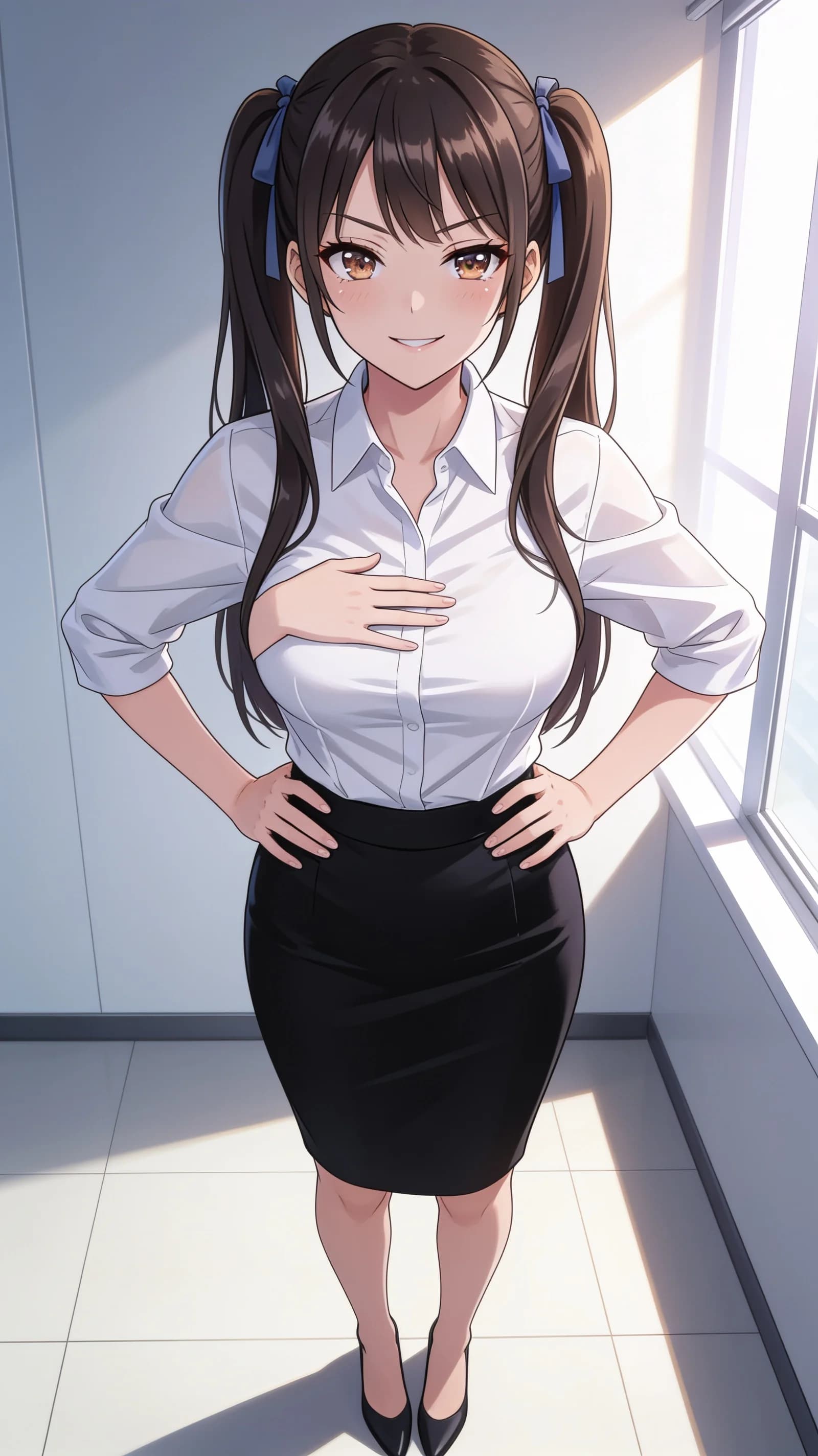 anime style, 2D cel-shaded anime illustration, anime key visual, flat cel shading, clean bold line art, vibrant saturated colors, large detailed expressive anime eyes with crisp catchlights, flat 2D rendering, not photorealistic, not 3D render, 21-year-old Asian woman with skinny body type, brunette pigtails, brown eyes, standing confidently with hands on hips and chest forward in a modern office setting, wearing a fitted white blouse tucked into a black pencil skirt and low heels, vertical 9:16 portrait composition with character centered and filling the frame in head-to-mid-thigh framing from a direct front angle, direct confident eye contact with a slight knowing smile and lips gently parted, bright modern office lighting with soft window light from the side casting gentle highlights and clean shadows, detailed anime cel shading, crisp clean linework, correct anatomy, hands cleanly drawn with five fingers, studio-quality anime key visual; avoid: photorealistic, 3D render, extra fingers, deformed hands, blurry, low detail.