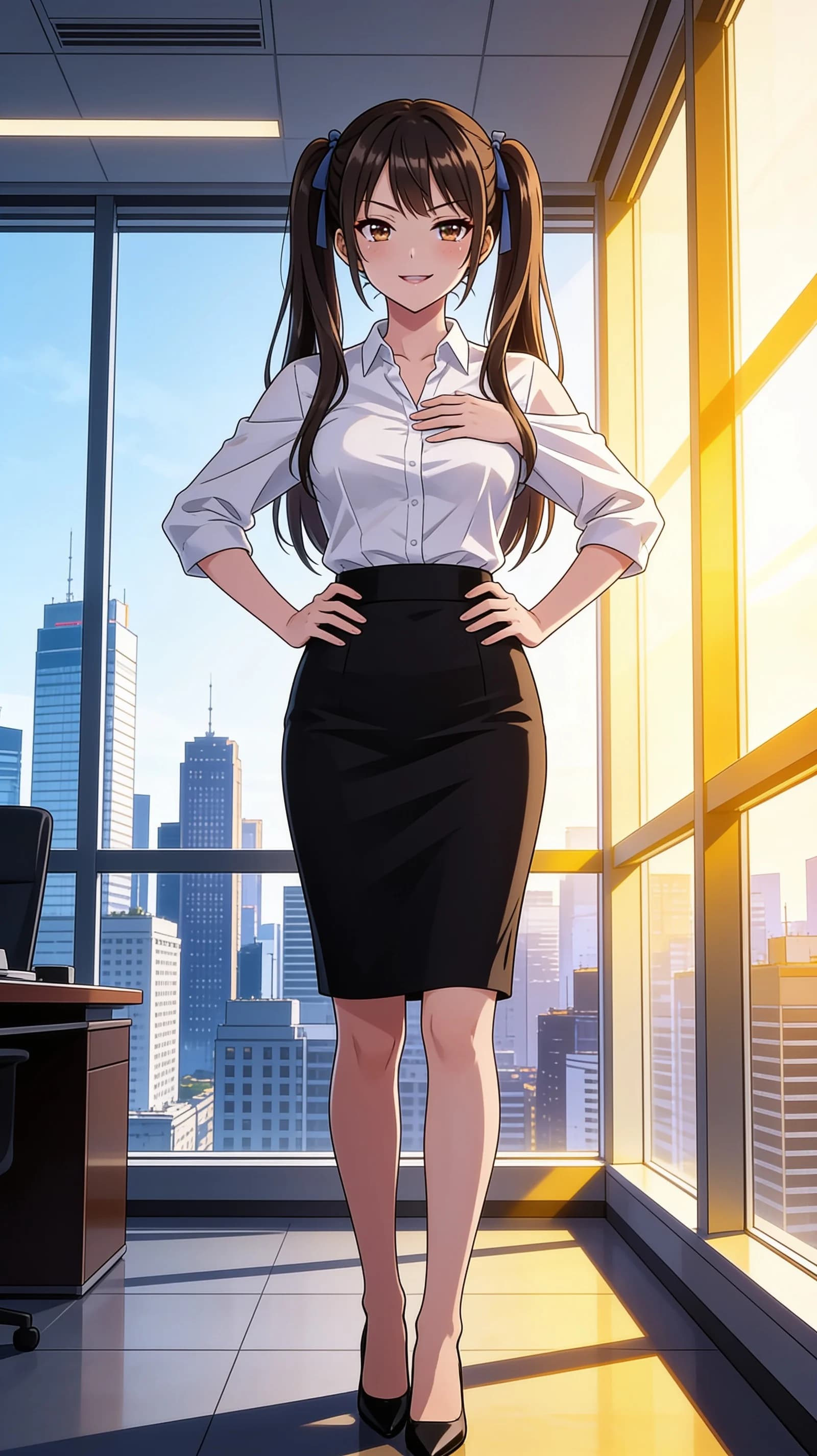 anime style, 2D cel-shaded anime illustration, anime key visual, flat cel shading, clean bold line art, vibrant saturated colors, large detailed expressive anime eyes with crisp catchlights, flat 2D rendering, not photorealistic, not 3D render, 21-year-old Asian woman with skinny body type, brunette pigtails, brown eyes, standing confidently with hands on hips and chest forward in a modern office setting, wearing a fitted white blouse tucked into a black pencil skirt and low heels, vertical 9:16 portrait composition with character centered and filling the frame in head-to-mid-thigh framing from a direct front angle, direct confident eye contact with a slight knowing smile and lips gently parted, bright modern office lighting with soft window light from the side casting gentle highlights and clean shadows, detailed anime cel shading, crisp clean linework, correct anatomy, hands cleanly drawn with five fingers, studio-quality anime key visual; avoid: photorealistic, 3D render, extra fingers, deformed hands, blurry, low detail.