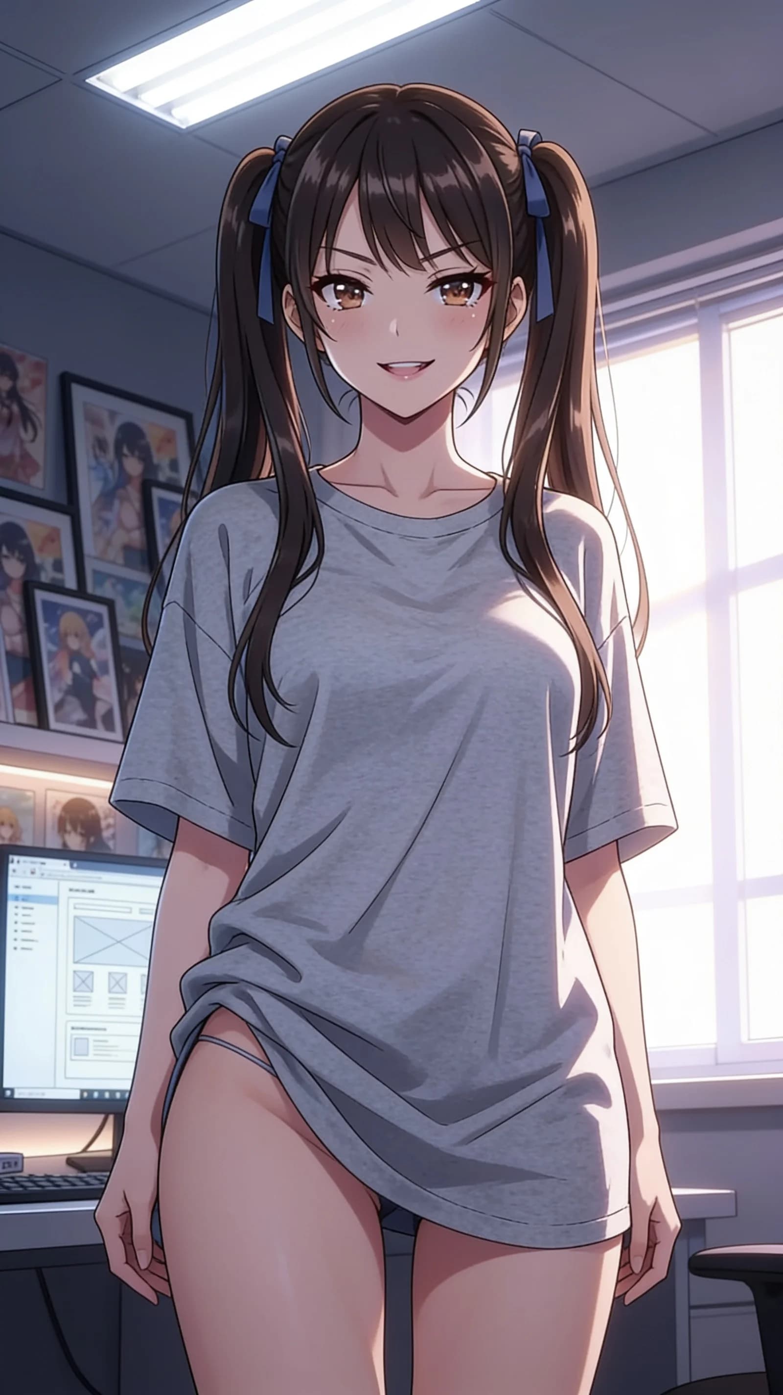 anime style, 2D cel-shaded anime illustration, anime key visual, flat cel shading, clean bold line art, vibrant saturated colors, large detailed expressive anime eyes with crisp catchlights, flat 2D rendering, not photorealistic, not 3D render, 21-year-old Asian woman with skinny body type, brunette pigtails, brown eyes, standing full body in a modern office setting wearing only an oversized loose t-shirt with no bottoms exposing her hips and thighs, head-to-mid-thigh vertical 9:16 portrait framing with character centered and filling the frame, straight-on eye-level camera angle, direct intense eye contact with viewer and playful seductive expression lips parted, bright office fluorescent lighting with soft window highlights and gentle shadows, nsfw, detailed anime cel shading, crisp clean linework, correct anatomy, hands cleanly drawn with five fingers, studio-quality anime key visual; avoid: photorealistic, 3D render, extra fingers, deformed hands, blurry, low detail.