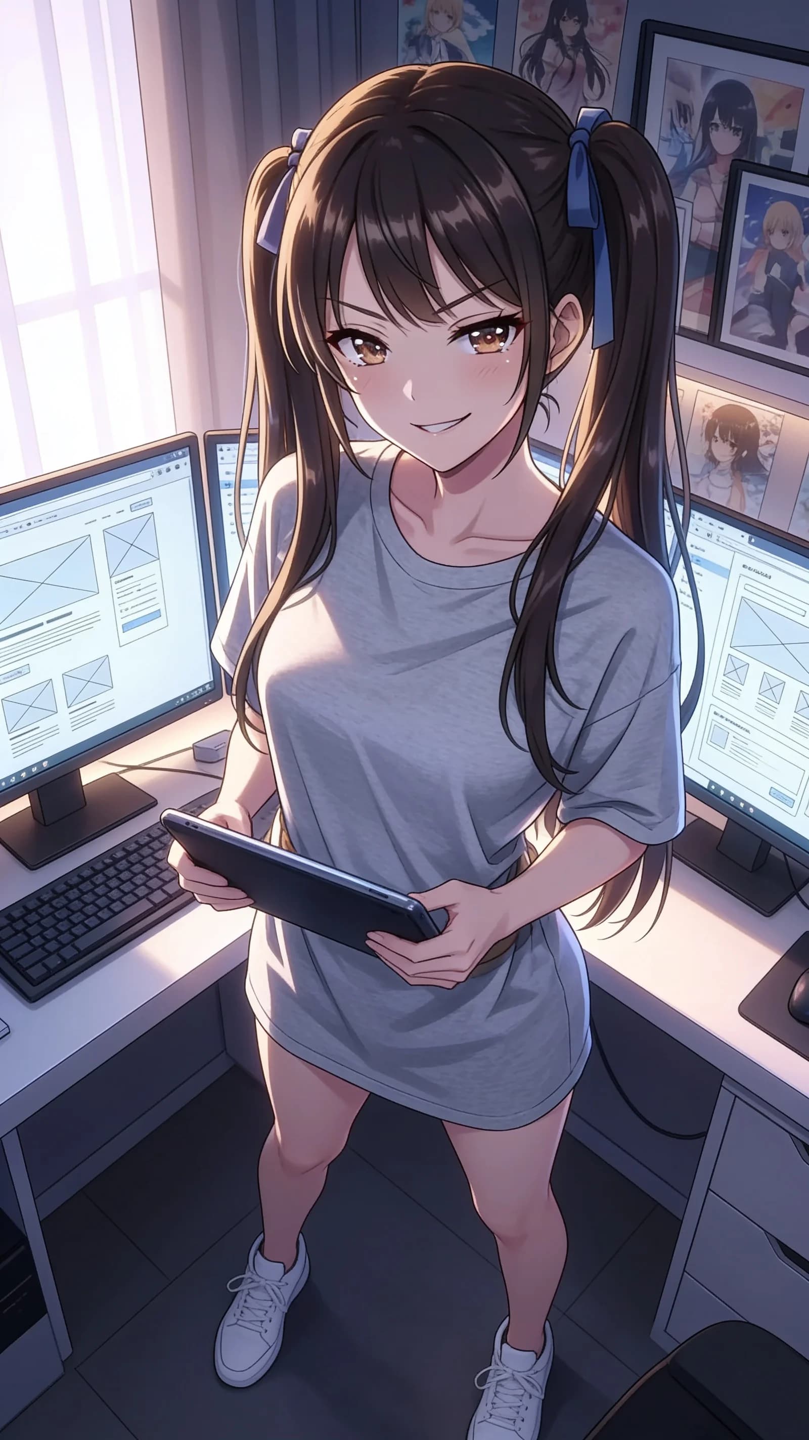 anime style, 2D cel-shaded anime illustration, anime key visual, flat cel shading, clean bold line art, vibrant saturated colors, large detailed expressive anime eyes with crisp catchlights, flat 2D rendering, not photorealistic, not 3D render, 21-year-old Asian woman with skinny petite body, long brunette twintails tied with blue ribbons, brown sharp eyes, standing confidently in a bright modern workspace with soft window light illuminating from the left, wearing an oversized grey t-shirt and white sneakers, holding a tablet in both hands at waist level, head-to-mid-thigh framing in vertical 9:16 portrait composition with character centered and filling the frame, medium close-up from slightly low angle POV, confident smug mesugaki expression with direct intense eye contact toward viewer and lips curved in a teasing smirk, vibrant atmospheric lighting with gentle highlights on hair ribbons and fabric folds, detailed anime cel shading, crisp clean linework, correct anatomy, hands cleanly drawn with five fingers, studio-quality anime key visual; avoid: photorealistic, 3D render, extra fingers, deformed hands, blurry, low detail.