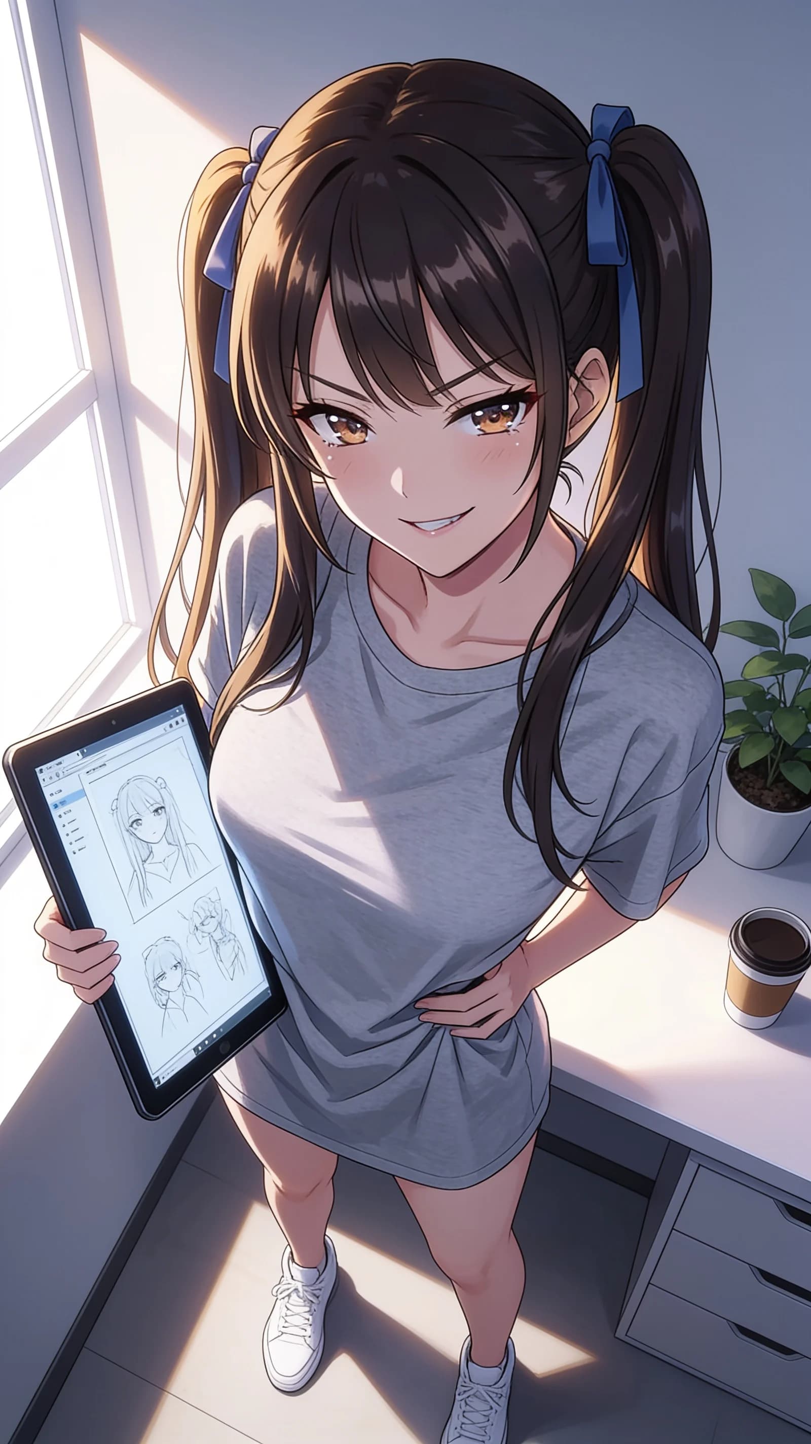 anime style, 2D cel-shaded anime illustration, anime key visual, flat cel shading, clean bold line art, vibrant saturated colors, large detailed expressive anime eyes with crisp catchlights, flat 2D rendering, not photorealistic, not 3D render, 21-year-old Asian woman with skinny petite body, long brunette twintails tied with blue ribbons, brown sharp eyes, standing confidently in a bright modern workspace with soft window light illuminating from the left, wearing an oversized grey t-shirt and white sneakers, holding a tablet in both hands at waist level, head-to-mid-thigh framing in vertical 9:16 portrait composition with character centered and filling the frame, medium close-up from slightly low angle POV, confident smug mesugaki expression with direct intense eye contact toward viewer and lips curved in a teasing smirk, vibrant atmospheric lighting with gentle highlights on hair ribbons and fabric folds, detailed anime cel shading, crisp clean linework, correct anatomy, hands cleanly drawn with five fingers, studio-quality anime key visual; avoid: photorealistic, 3D render, extra fingers, deformed hands, blurry, low detail.