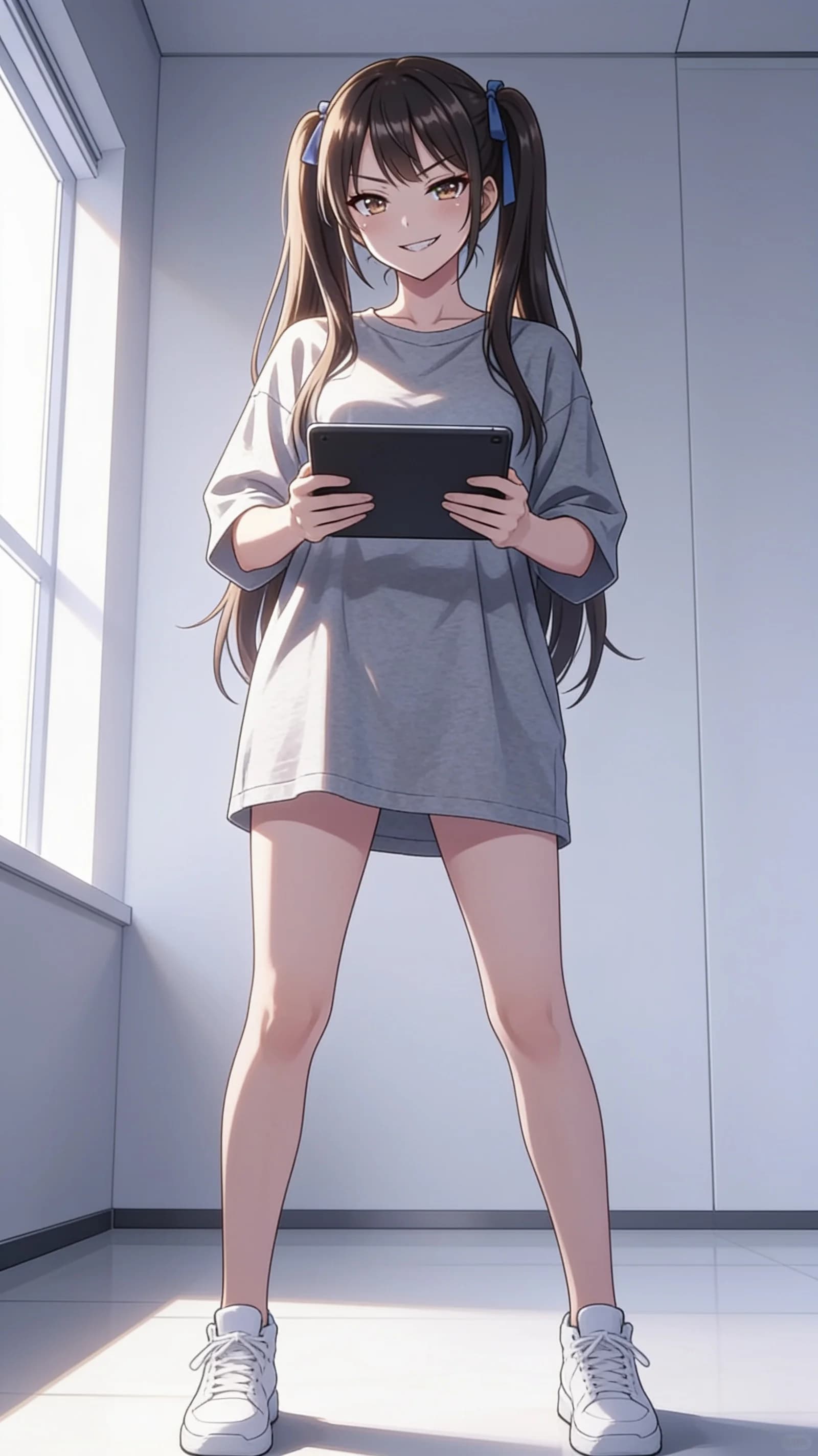 anime style, 2D cel-shaded anime illustration, anime key visual, flat cel shading, clean bold line art, vibrant saturated colors, large detailed expressive anime eyes with crisp catchlights, flat 2D rendering, not photorealistic, not 3D render, 21-year-old Asian woman, skinny petite body, long brunette twintails tied with blue ribbons, sharp brown eyes, wearing an oversized grey t-shirt and white sneakers, standing confidently while holding a tablet in both hands, head-to-mid-thigh vertical framing centered in frame, direct front eye-level camera angle with intense eye contact and sharp teasing mesugaki smirk directed straight at viewer, playful bratty mood, soft window light illuminating from the side with gentle highlights on hair and fabric folds, clean modern minimalist room background, detailed anime cel shading, crisp clean linework, correct anatomy, hands cleanly drawn with five fingers, studio-quality anime key visual; avoid: photorealistic, 3D render, extra fingers, deformed hands, blurry, low detail.