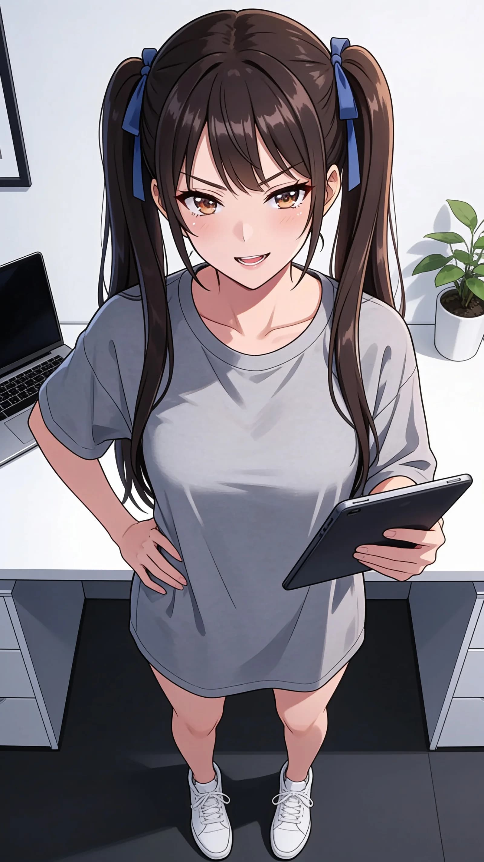 anime style, 2D cel-shaded anime illustration, anime key visual, flat cel shading, clean bold line art, vibrant saturated colors, large detailed expressive anime eyes with crisp catchlights, flat 2D rendering, not photorealistic, not 3D render, 21-year-old asian woman with skinny petite body type, long brunette twintails tied with blue ribbons, sharp brown eyes, flat chest, standing in a clean modern workspace holding a tablet, wearing an oversized grey t-shirt and white sneakers, smug mesugaki expression with direct intense eye contact toward viewer and lips slightly parted, medium close-up vertical 9:16 portrait framing from head to mid-thigh with character centered and filling the frame, soft window light from the side casting gentle highlights and subtle shadows, vibrant atmospheric lighting,
detailed anime cel shading, crisp clean linework, correct anatomy, hands cleanly drawn with five fingers, studio-quality anime key visual; avoid: photorealistic, 3D render, extra fingers, deformed hands, blurry, low detail.