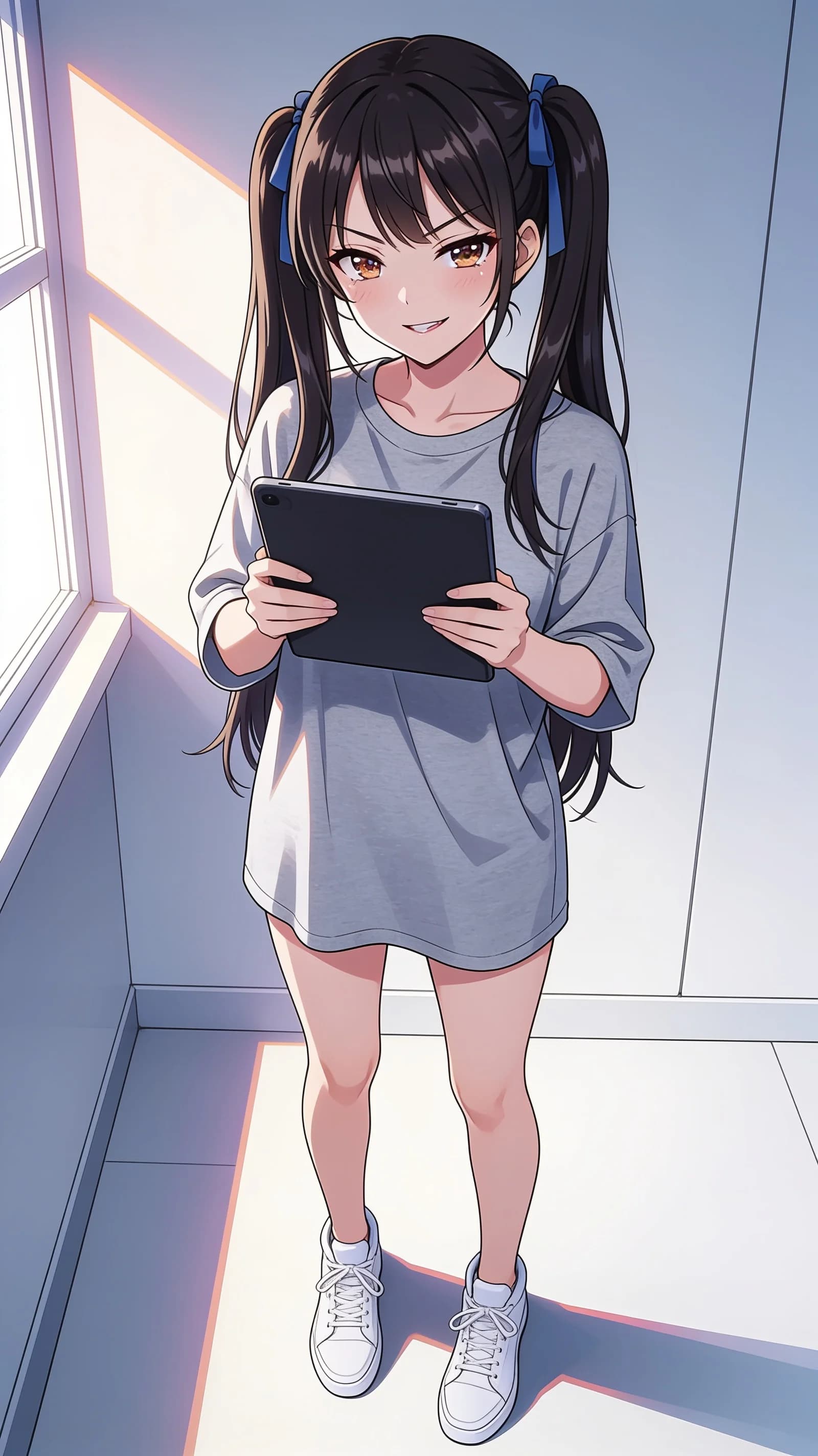 anime style, 2D cel-shaded anime illustration, anime key visual, flat cel shading, clean bold line art, vibrant saturated colors, large detailed expressive anime eyes with crisp catchlights, flat 2D rendering, not photorealistic, not 3D render, 21-year-old Asian woman, skinny petite body type, flat chest, long black twintails tied with blue ribbons, sharp brown eyes, wearing an oversized grey t-shirt and white sneakers, standing confidently while holding a tablet in both hands at chest level, straight frontal eye-level camera angle in a vertical 9:16 portrait composition with the character centered and filling the frame from head to mid-thigh, direct intense eye contact with the viewer showing a smug mesugaki bratty teasing expression with slightly parted lips and mischievous glint, soft window light from the left side casting vibrant highlights and gentle shadows across her form and clothing folds, clean modern minimalist background, detailed anime cel shading, crisp clean linework, correct anatomy, hands cleanly drawn with five fingers, studio-quality anime key visual; avoid: photorealistic, 3D render, extra fingers, deformed hands, blurry, low detail.