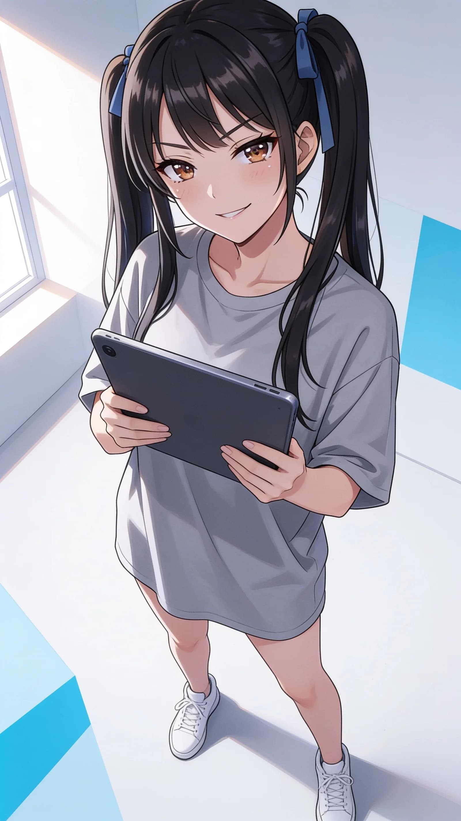 anime style, 2D cel-shaded anime illustration, anime key visual, flat cel shading, clean bold line art, vibrant saturated colors, large detailed expressive anime eyes with crisp catchlights, flat 2D rendering, not photorealistic, not 3D render, 21-year-old Asian woman, skinny petite body type, flat chest, long black twintails tied with blue ribbons, sharp brown eyes, wearing an oversized grey t-shirt and white sneakers, standing confidently while holding a tablet in both hands at chest level, straight frontal eye-level camera angle in a vertical 9:16 portrait composition with the character centered and filling the frame from head to mid-thigh, direct intense eye contact with the viewer showing a smug mesugaki bratty teasing expression with slightly parted lips and mischievous glint, soft window light from the left side casting vibrant highlights and gentle shadows across her form and clothing folds, clean modern minimalist background, detailed anime cel shading, crisp clean linework, correct anatomy, hands cleanly drawn with five fingers, studio-quality anime key visual; avoid: photorealistic, 3D render, extra fingers, deformed hands, blurry, low detail.