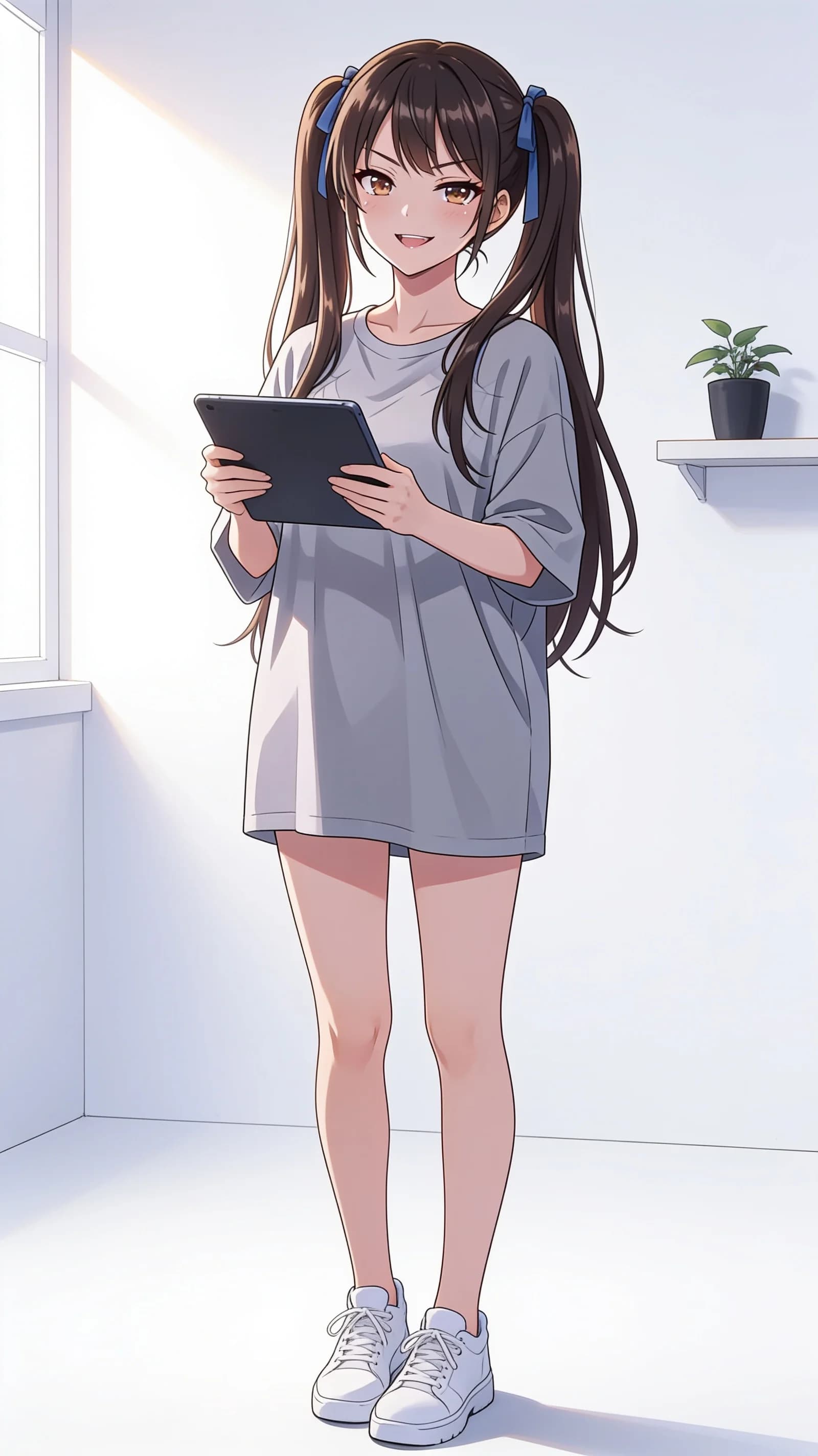 anime style, 2D cel-shaded anime illustration, anime key visual, flat cel shading, clean bold line art, vibrant saturated colors, large detailed expressive anime eyes with crisp catchlights, flat 2D rendering, not photorealistic, not 3D render, 21-year-old Asian woman with brunette long twintails tied with blue ribbons, brown sharp eyes, skinny petite body with flat chest, mesugaki bratty expression, standing in a clean minimalist studio setting while holding a tablet in both hands, wearing an oversized grey t-shirt and white sneakers, head-to-mid-thigh vertical 9:16 portrait framing with character centered and filling the frame, strict front camera angle at eye level, direct intense eye contact with sharp teasing mesugaki smirk and parted lips, soft bright window light illuminating her from the side with gentle rim highlights and vibrant color saturation, detailed anime cel shading, crisp clean linework, correct anatomy, hands cleanly drawn with five fingers, studio-quality anime key visual; avoid: photorealistic, 3D render, extra fingers, deformed hands, blurry, low detail.
