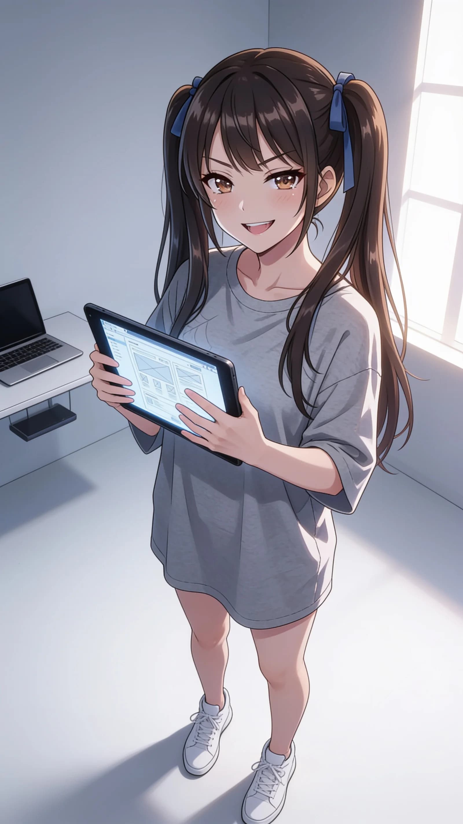 anime style, 2D cel-shaded anime illustration, anime key visual, flat cel shading, clean bold line art, vibrant saturated colors, large detailed expressive anime eyes with crisp catchlights, flat 2D rendering, not photorealistic, not 3D render, 21-year-old Asian woman with brunette long twintails tied with blue ribbons, brown sharp eyes, skinny petite body with flat chest, mesugaki bratty expression, standing in a clean minimalist studio setting while holding a tablet in both hands, wearing an oversized grey t-shirt and white sneakers, head-to-mid-thigh vertical 9:16 portrait framing with character centered and filling the frame, strict front camera angle at eye level, direct intense eye contact with sharp teasing mesugaki smirk and parted lips, soft bright window light illuminating her from the side with gentle rim highlights and vibrant color saturation, detailed anime cel shading, crisp clean linework, correct anatomy, hands cleanly drawn with five fingers, studio-quality anime key visual; avoid: photorealistic, 3D render, extra fingers, deformed hands, blurry, low detail.