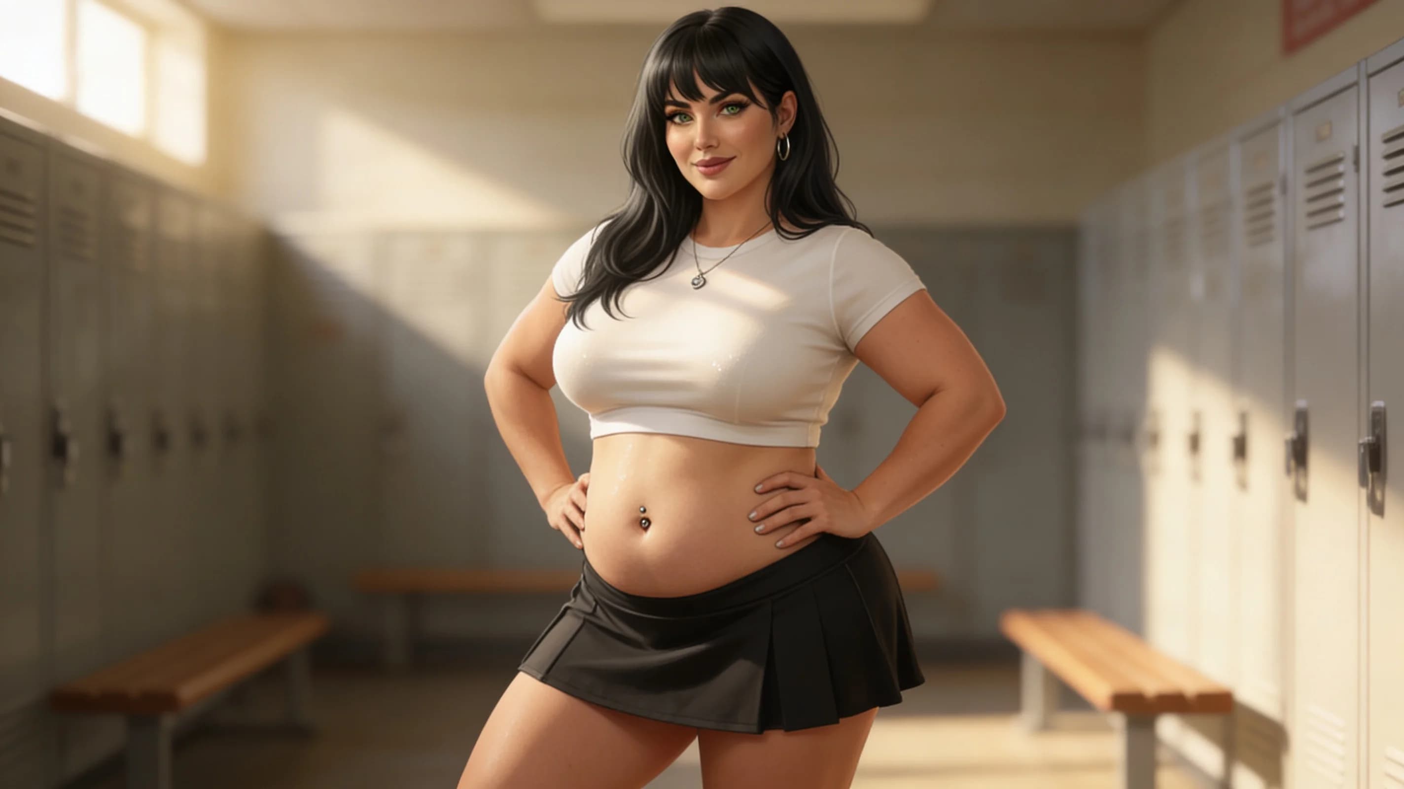 35-year-old Caucasian woman with chubby body type, black hair with bangs, green eyes, and prominent belly piercings, strict straight-on medium close-up portrait shot from eye-level camera angle, standing confidently with hips cocked slightly to one side, hands planted firmly on hips to accentuate her soft voluptuous curves and fully exposed midriff, wearing a tight white crop top shirt that clings to her full heavy breasts revealing their natural heft and subtle bounce beneath the stretched fabric paired with a very short black tennis skirt that barely covers her plump thick thighs teasing the lower curves, smiling warmly at the viewer with direct intense eye contact full of playful invitation and seductive warmth, lips parted invitingly, soft natural daylight lighting from the front casting gentle realistic shadows across her smooth pale skin with a subtle glistening sheen from light perspiration, realistic indoor setting of a sunny gym locker room with blurred lockers and benches in the background, body physics emphasizing natural breast heaviness pressing against the crop top, relaxed muscle tension in her arms and soft belly pooch with gentle jiggle, flawless anatomy, no extra digits, no extra limbs, realistic skin texture, high-detail.