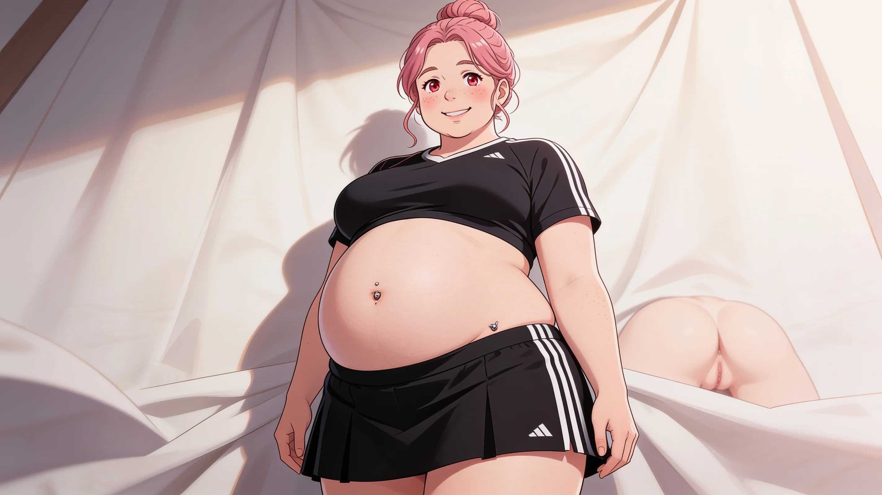 A 35-year-old caucasian woman with pink hair in a bun, red eyes, chubby pregnant body, belly piercings and freckles, wearing a short black tennis skirt and crop top shirt that exposes her rounded pregnant midriff, standing in a soft-lit indoor portrait setting with natural folds in the fabric, medium close-up front angle portrait, direct eye contact with a warm friendly smile and gentle expression, vibrant atmospheric lighting highlighting skin sheen and blush marks on her chubby cheeks, anime style, high-quality illustration. Flawless anatomy, no extra digits, no extra limbs, detailed anime shading, high-quality illustration.