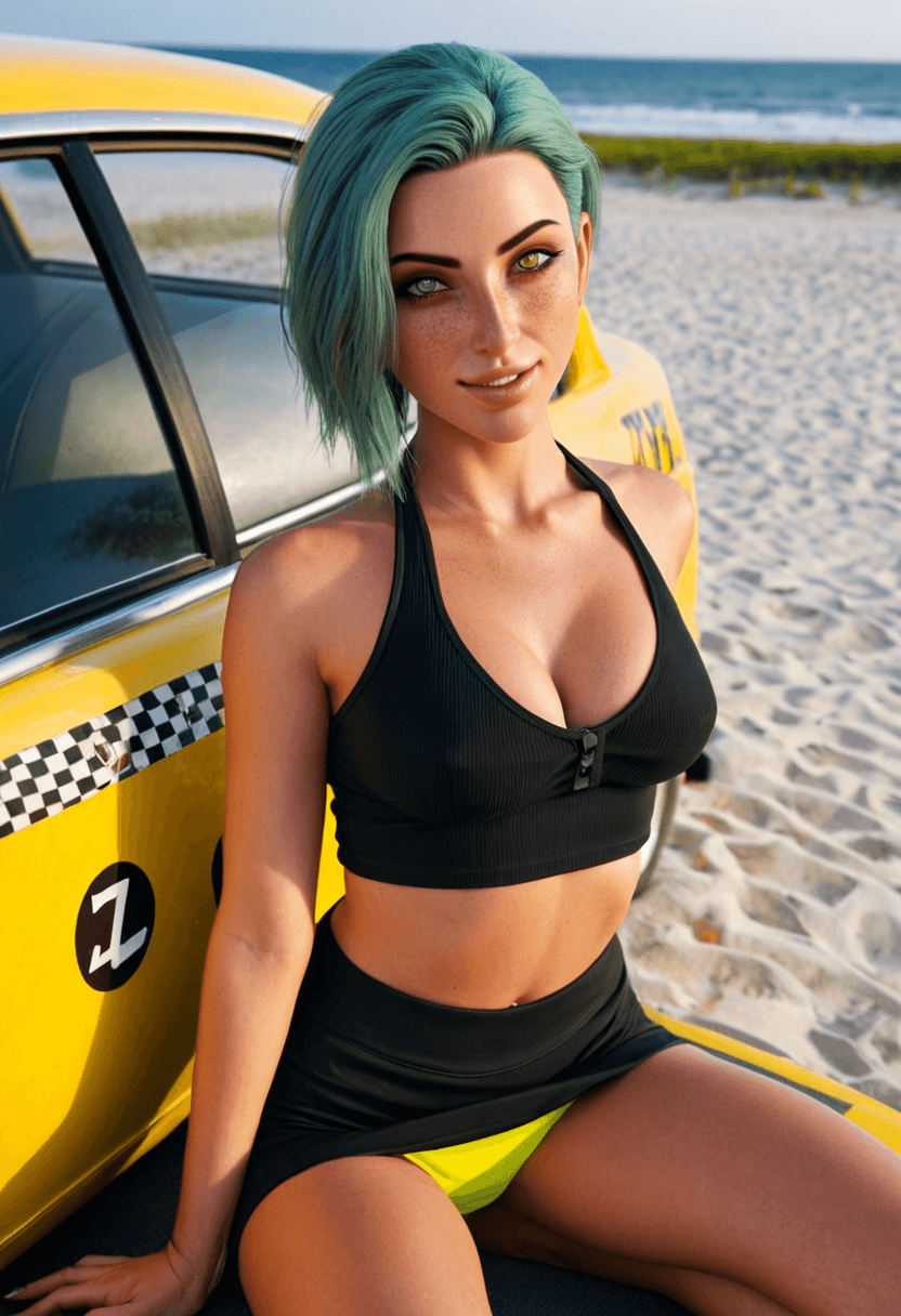 Wearing short black tennis skirt and a crop top shirt, portrait picture, looking at the viewer with a smile, kneeling pose, elegant position, tanning on a beach lounger, wearing trendy sunglasses, in a yellow taxi cab, wearing a stylish bikini on the beach