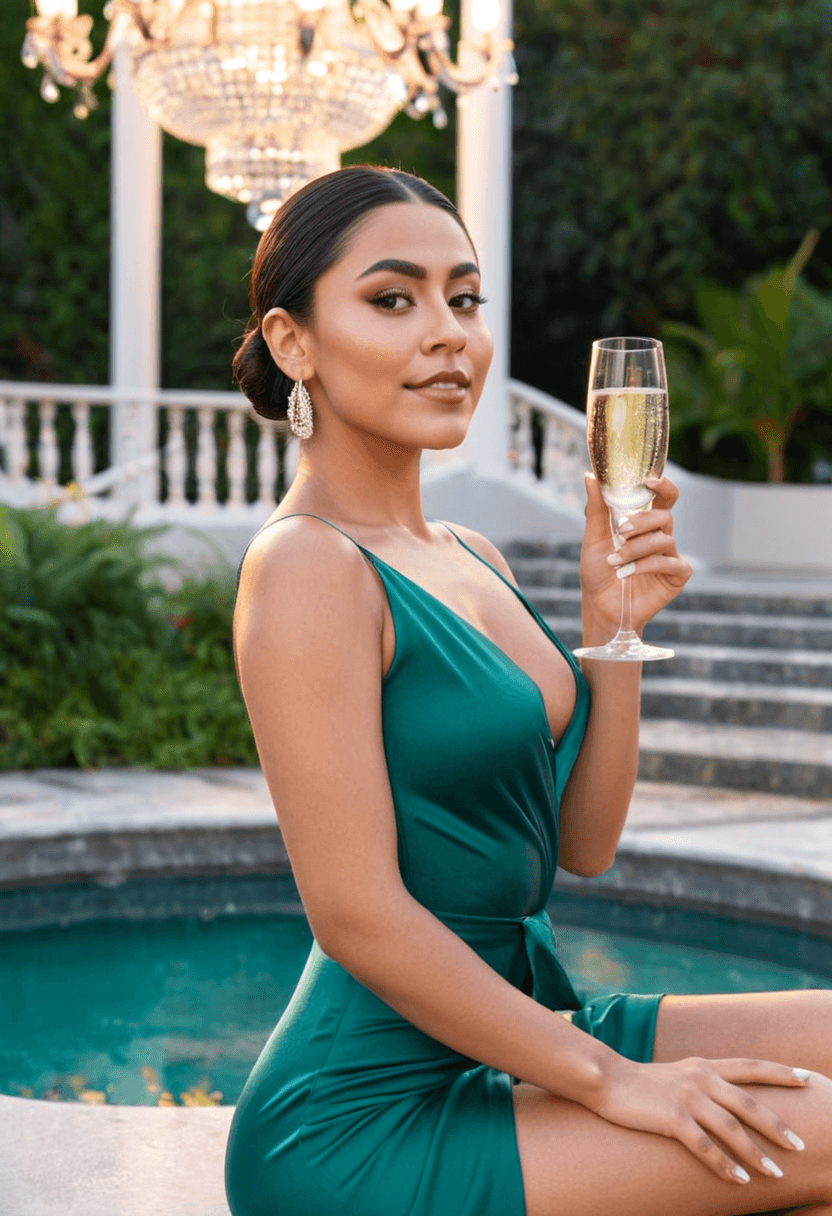 sophisticated latina woman, 25 years old, skinny body type, large breasts, medium butt, elegant updo hairstyle, pearl jewelry, holding champagne glass, confident posture, standing on marble staircase at luxury venue, flowing emerald evening gown, chandelier lighting creating glamorous atmosphere, fashion photography style, realistic, full body view, highly detailed, photorealistic, cyberrealistic sdxl, wearing a light flowy summer dress, wearing an elegant knee-length skirt, wearing fitted blue jeans, wearing a luxurious satin robe, wearing a stylish fitted jumpsuit, squatting position, athletic pose, sitting casually, relaxed pose, standing confidently, full body shot, wearing stylish glasses, wearing beautiful earrings, wearing an elegant necklace, in a beautiful garden with flowers, in a modern office setting, in a cozy bedroom setting, at an upscale restaurant, in a lush green forest