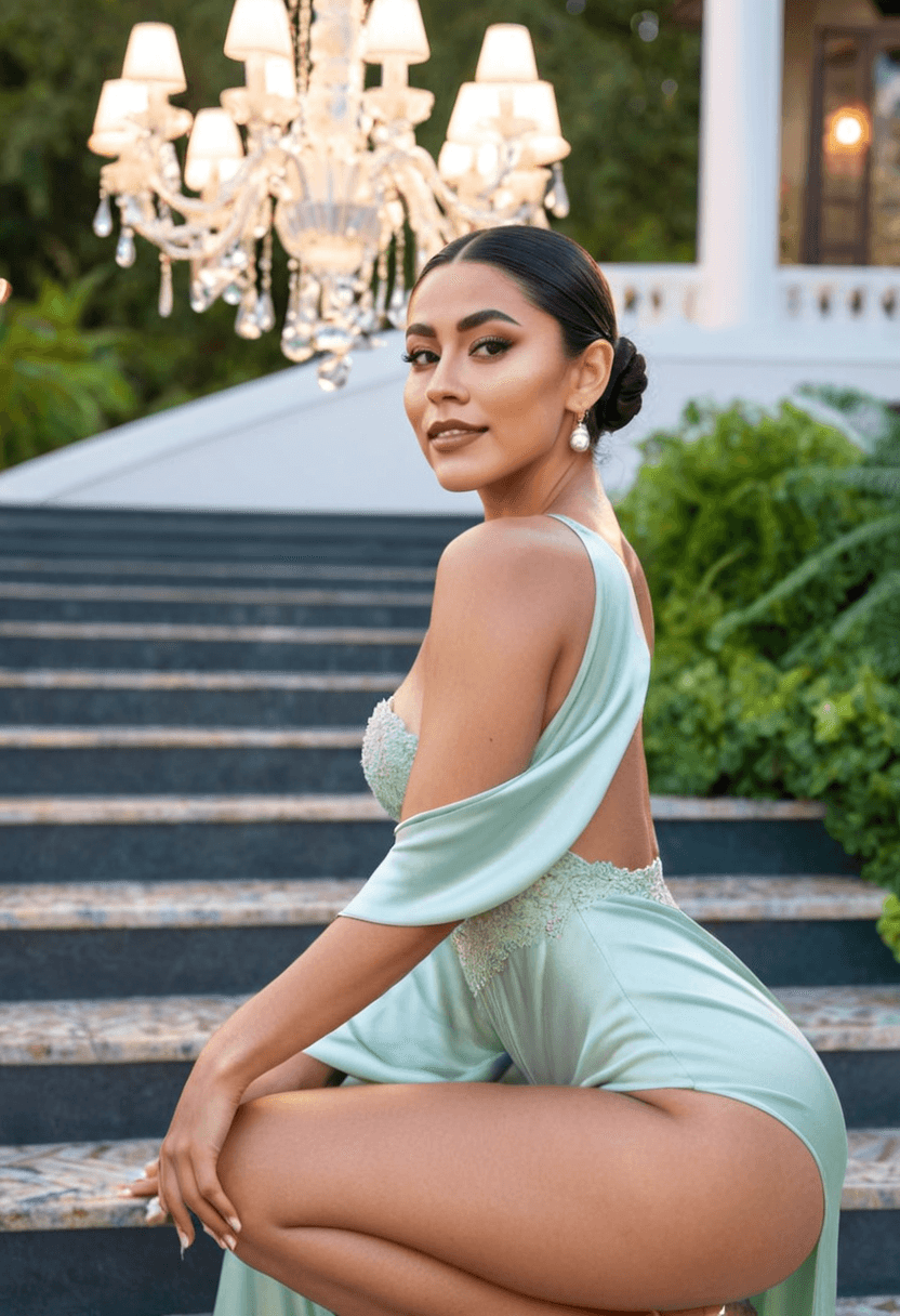 sophisticated latina woman, 25 years old, skinny body type, large breasts, medium butt, elegant updo hairstyle, pearl jewelry, holding champagne glass, confident posture, standing on marble staircase at luxury venue, flowing emerald evening gown, chandelier lighting creating glamorous atmosphere, fashion photography style, realistic, full body view, highly detailed, photorealistic, cyberrealistic sdxl, wearing a light flowy summer dress, wearing an elegant knee-length skirt, wearing fitted blue jeans, wearing a luxurious satin robe, wearing a stylish fitted jumpsuit, squatting position, athletic pose, sitting casually, relaxed pose, standing confidently, full body shot, wearing stylish glasses, wearing beautiful earrings, wearing an elegant necklace, in a beautiful garden with flowers, in a modern office setting, in a cozy bedroom setting, at an upscale restaurant, in a lush green forest