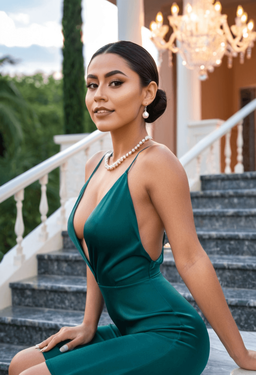 sophisticated latina woman, 25 years old, skinny body type, large breasts, medium butt, elegant updo hairstyle, pearl jewelry, holding champagne glass, confident posture, standing on marble staircase at luxury venue, flowing emerald evening gown, chandelier lighting creating glamorous atmosphere, fashion photography style, realistic, full body view, highly detailed, photorealistic, cyberrealistic sdxl, wearing a light flowy summer dress, wearing an elegant knee-length skirt, wearing fitted blue jeans, wearing a luxurious satin robe, wearing a stylish fitted jumpsuit, squatting position, athletic pose, sitting casually, relaxed pose, standing confidently, full body shot, wearing stylish glasses, wearing beautiful earrings, wearing an elegant necklace, in a beautiful garden with flowers, in a modern office setting, in a cozy bedroom setting, at an upscale restaurant, in a lush green forest