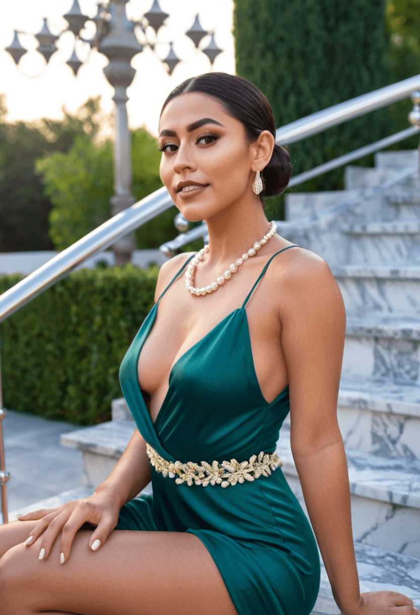 sophisticated latina woman, 25 years old, skinny body type, large breasts, medium butt, elegant updo hairstyle, pearl jewelry, holding champagne glass, confident posture, standing on marble staircase at luxury venue, flowing emerald evening gown, chandelier lighting creating glamorous atmosphere, fashion photography style, realistic, full body view, highly detailed, photorealistic, cyberrealistic sdxl, wearing a light flowy summer dress, wearing an elegant knee-length skirt, wearing fitted blue jeans, wearing a luxurious satin robe, wearing a stylish fitted jumpsuit, squatting position, athletic pose, sitting casually, relaxed pose, standing confidently, full body shot, wearing stylish glasses, wearing beautiful earrings, wearing an elegant necklace, in a beautiful garden with flowers, in a modern office setting, in a cozy bedroom setting, at an upscale restaurant, in a lush green forest