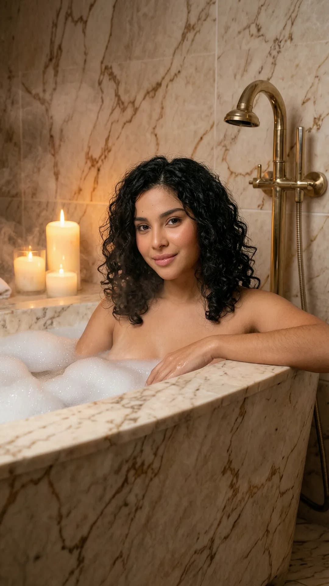 A 21-year-old fit Latina woman with curly black hair, brown eyes, and a visible belly piercing, relaxing in a freestanding bathtub filled with bubbles with her breasts visible above the water, one arm resting on the tub’s edge while she turns toward the viewer in a relaxed pose with serene direct eye contact and a soft half-smile, candlelight reflecting across polished marble surfaces as gentle steam fills the room, luxury spa atmosphere, cinematic lighting, photorealistic, editorial photography, ultra-detailed skin texture, realistic water reflections, masterpiece quality, medium close-up from a frontal eye-level angle, nsfw, flawless anatomy, no extra digits, no extra limbs, realistic skin texture, high-detail.