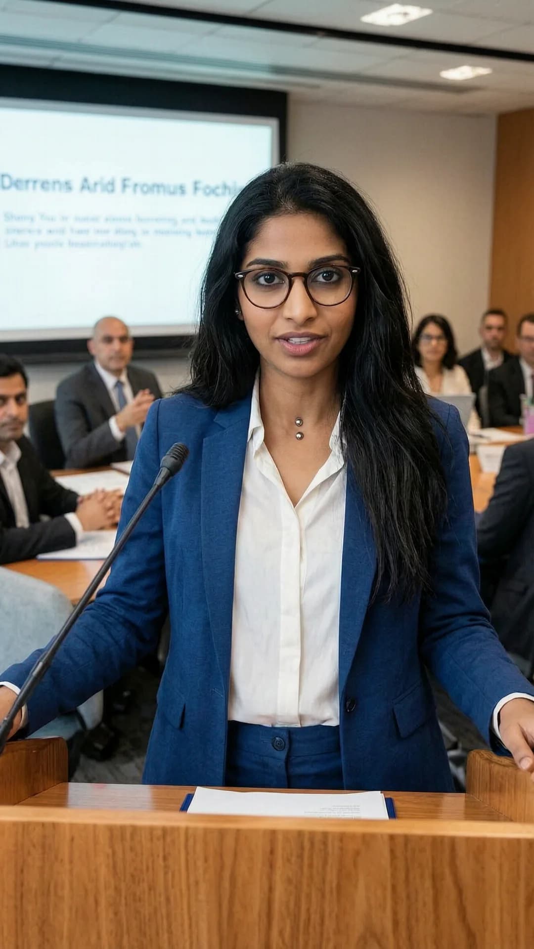 A 30-year-old skinny Indian woman with long black hair, brown eyes, wearing glasses, belly piercings and pubic hair, standing at a lectern giving a presentation to a group in a conference room, wearing a blue suit and white blouse, medium close-up from front angle, direct intense eye contact with the audience showing confident professional determination with lips parted, realistic style, Flawless anatomy, no extra digits, no extra limbs, realistic skin texture, high-detail.