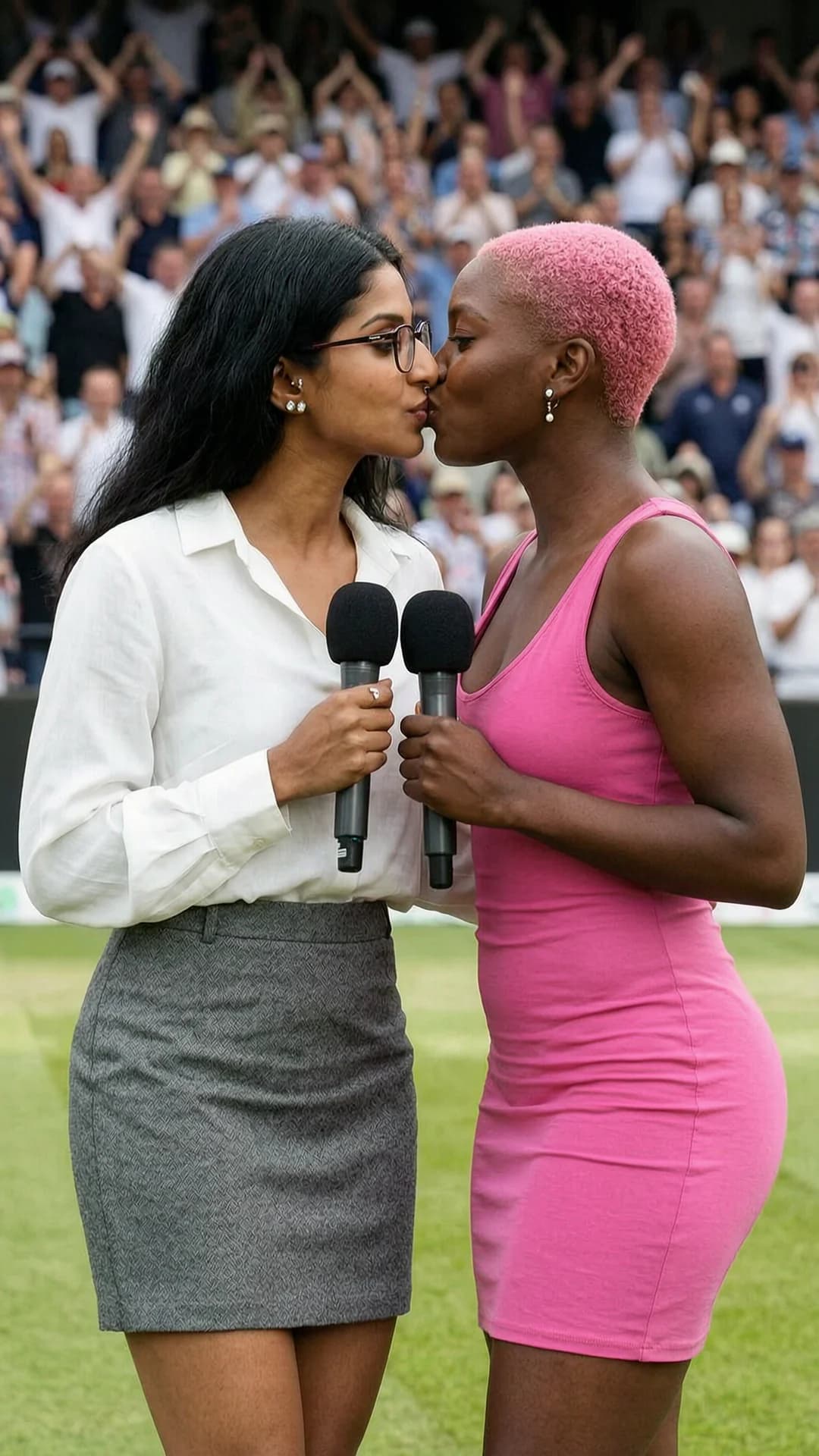 A 30-year-old skinny Indian woman with long black hair, brown eyes, wearing glasses and belly piercings, standing on a cricket pitch in front of a massive cheering crowd, passionately kissing a beautiful 28-year-old black woman with short pink hair, both women holding microphones, the Indian woman wearing a grey short skirt and white low-cut blouse, the black woman wearing a tight low-cut pink dress, medium close-up from a slight side angle capturing their locked lips and bodies pressed together, the Indian woman with intense eye contact shifting to closed eyes in passionate lust as they kiss, crowd visible in background, natural daylight lighting, realistic style, Flawless anatomy, no extra digits, no extra limbs, realistic skin texture, high-detail.